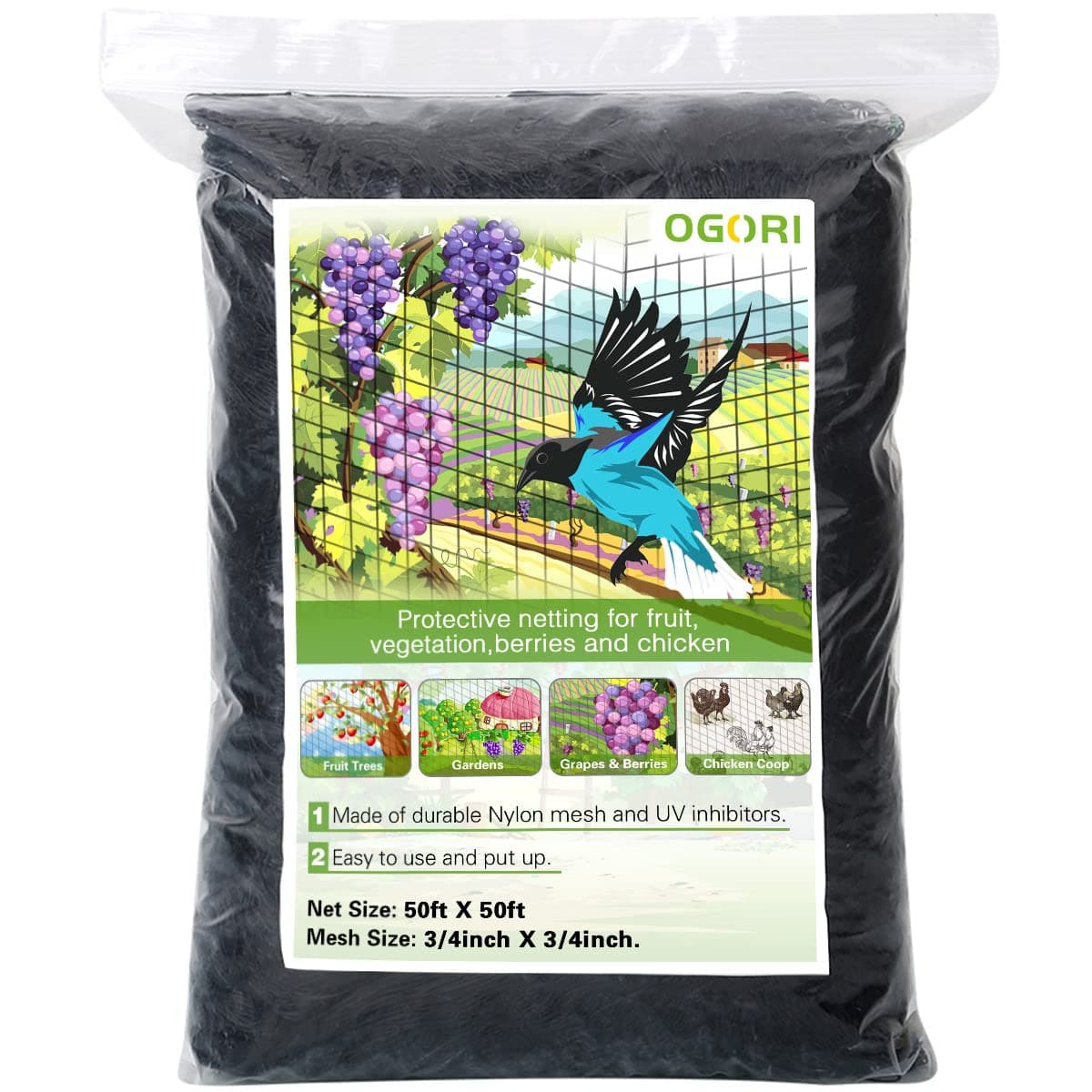 50' x 50' Bird Netting Heavy Duty Nylon 3/4" Mesh Garden Netting Protect Fruit Trees, Plants and Vegetables