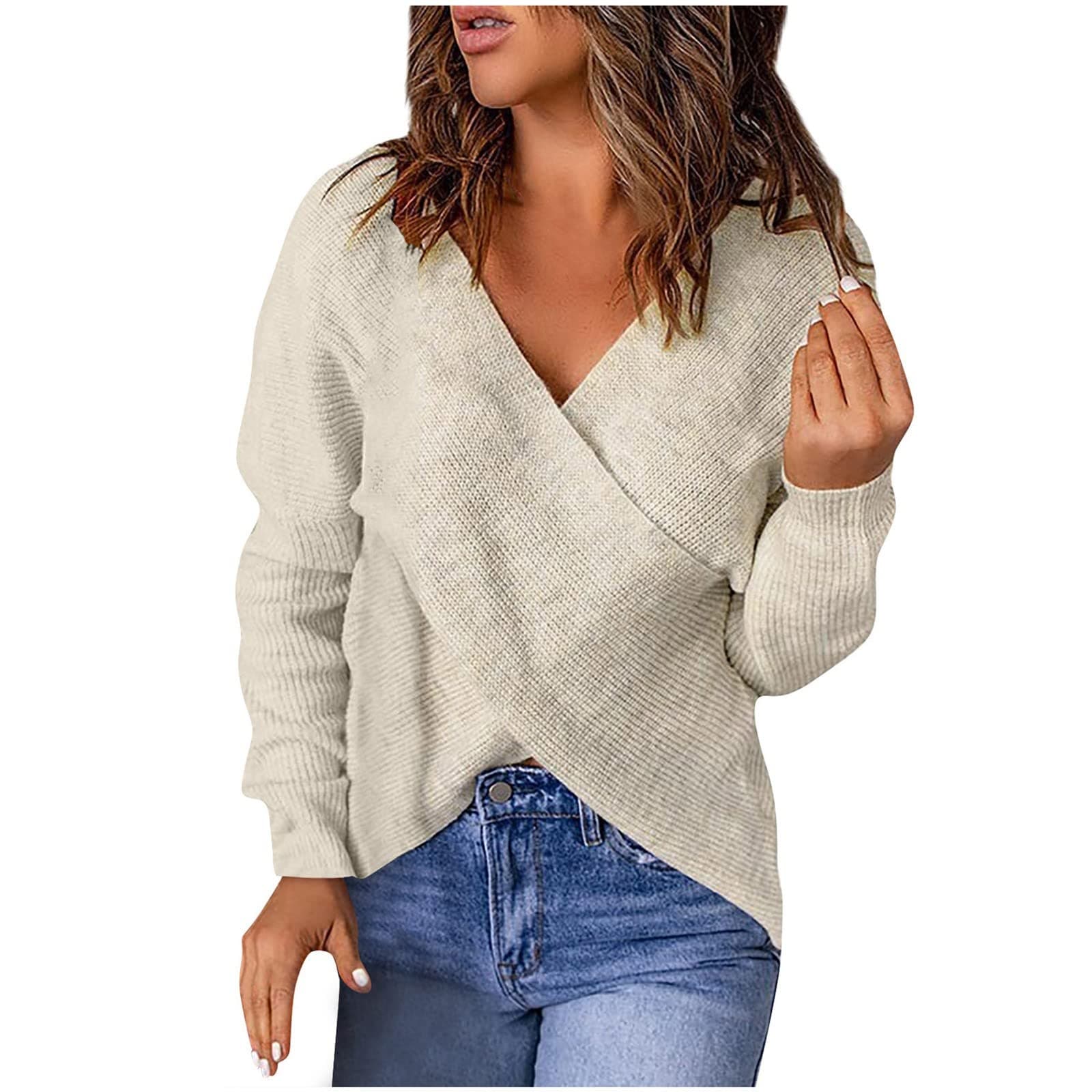 Women's Fall Fashion 2022 Solid Color V-Neck Loose Knitted Sweater Ribbed Body Knit Sweater Sweaters