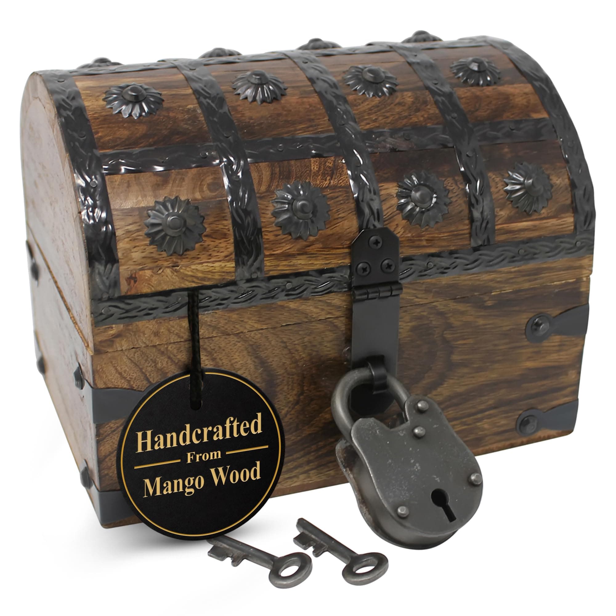 Nautical Cove Pirate Treasure Chest with Iron Lock and Skeleton Key - Storage and Decorative Box (Small 8 x 6 x 6)