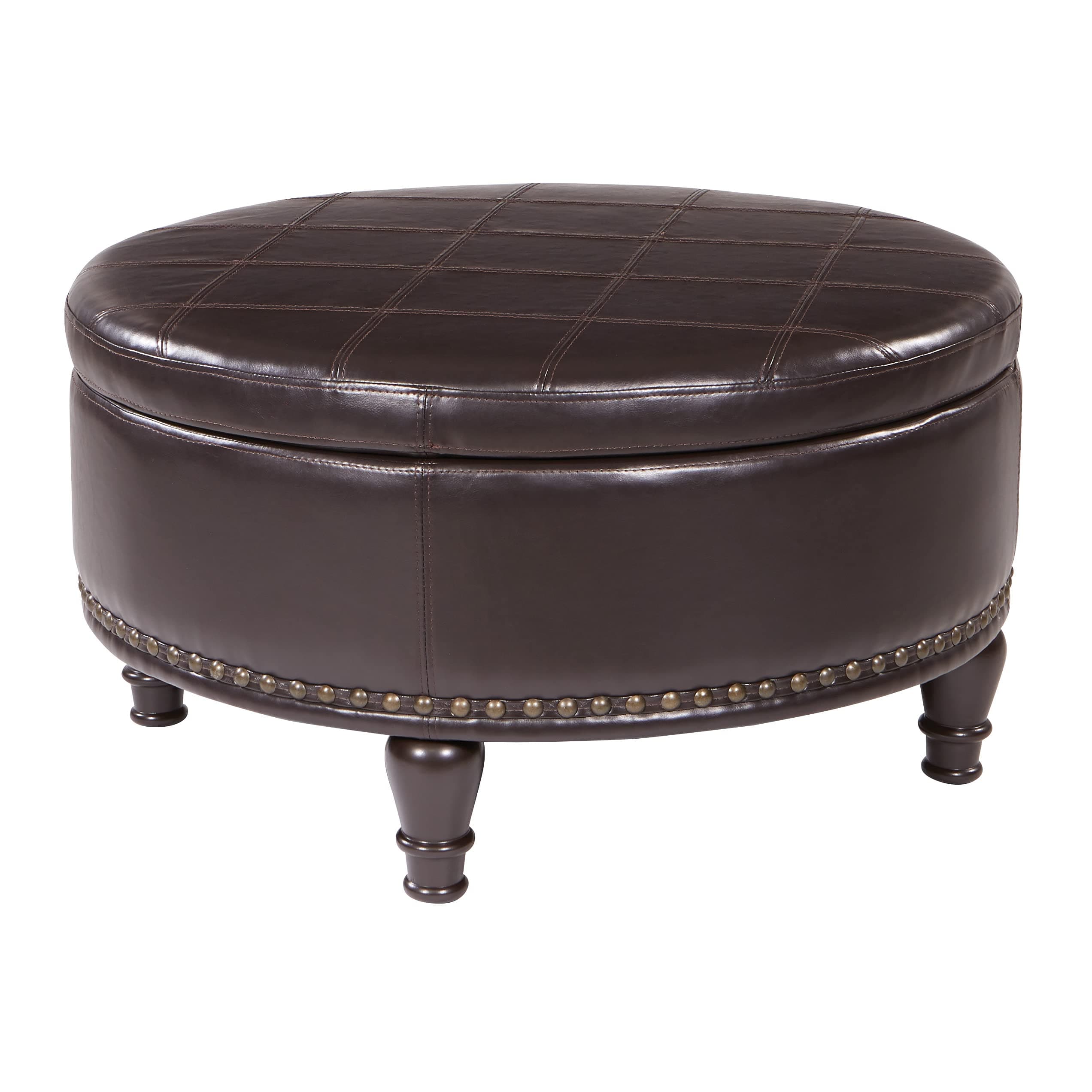 INSPIRED BY BASSETT OSP Home Furnishings Augusta Round Storage Ottoman with Decorative Nailheads and Flip Over Lid with Serving Tray Surface, Espresso Faux Leather