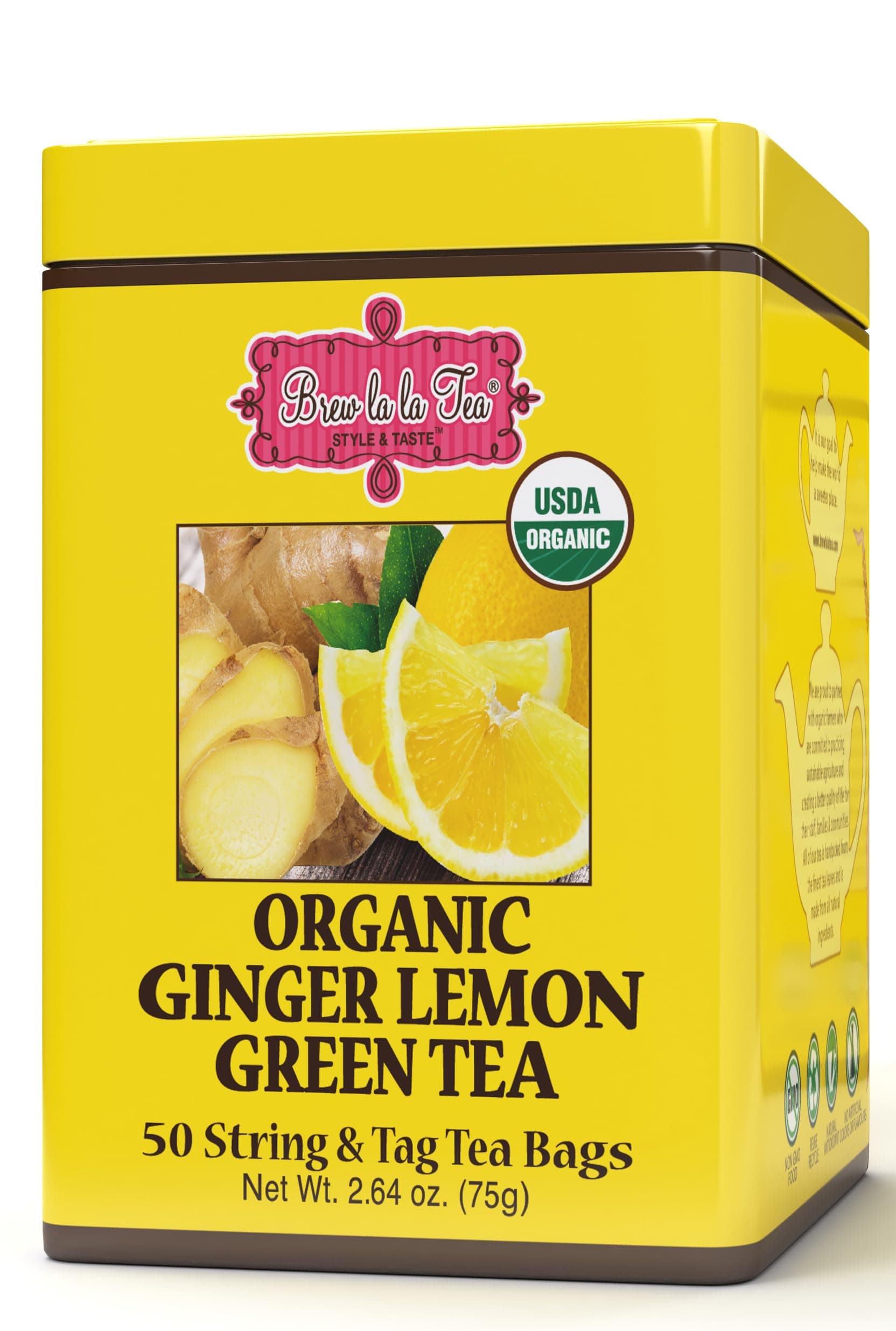 Brew La La Organic Green Tea - Natural Ginger Lemon Flavor - 50 Tea Bag Tin - Low Caffeine - USDA Certified Organic