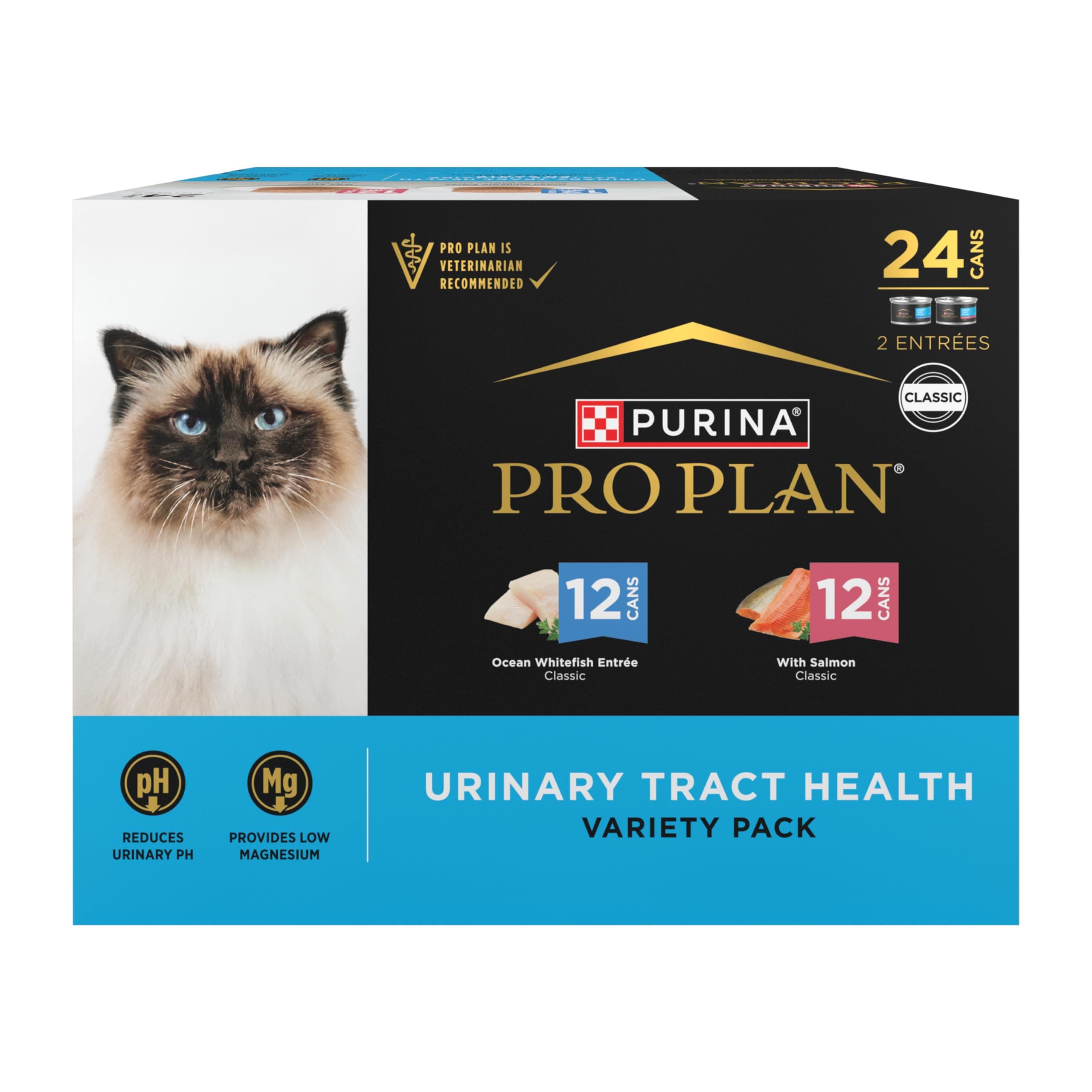 Purina Pro Plan Urinary Tract Health Pate Cat Food Variety Pack, Ocean Whitefish And With Salmon Entrees - (Pack of 24) 3 oz. Cans