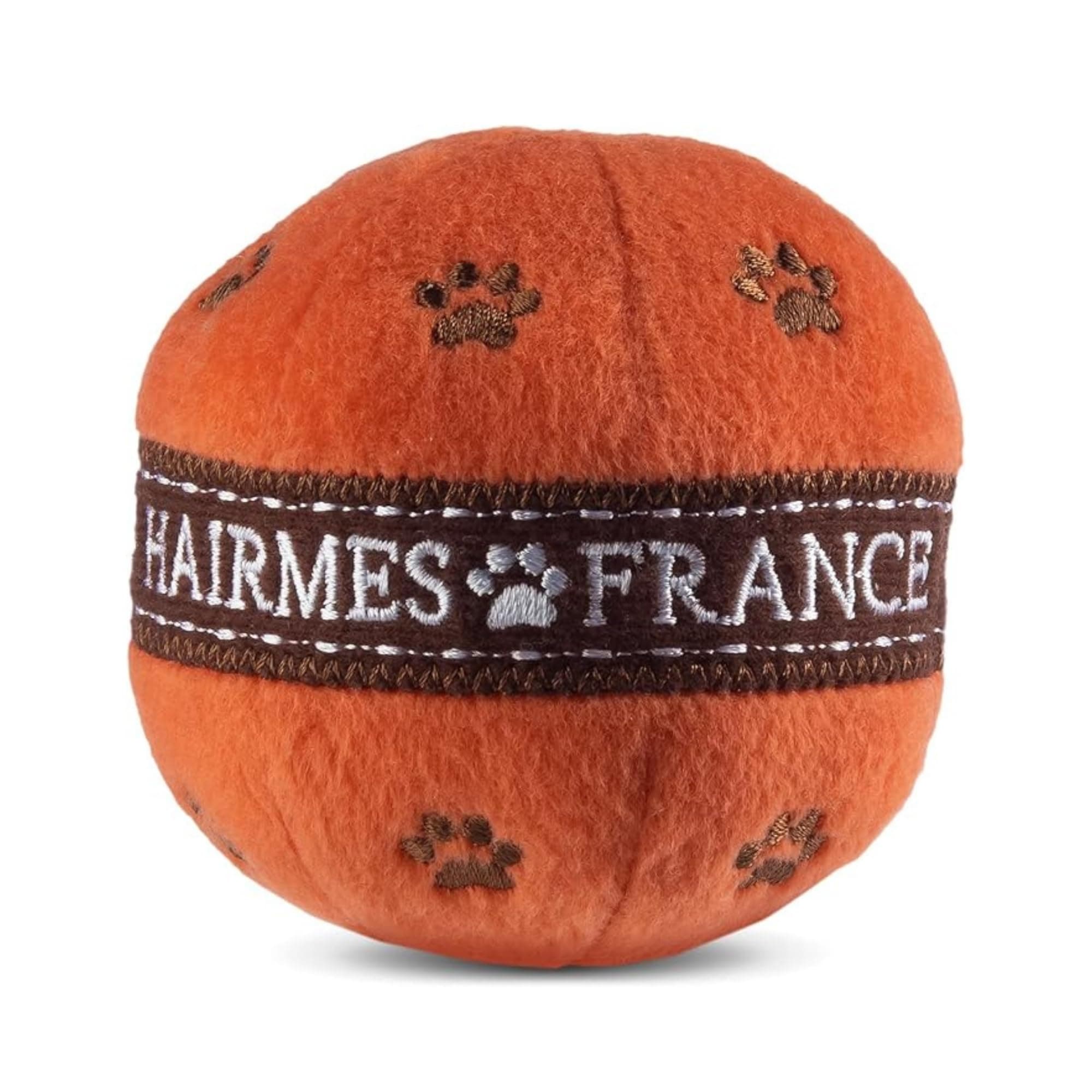Dog Diggin Designs Hairmes Plush Squeaky Dog Toy Ball | Luxury-Inspired Parody Designer Ball with Squeaker, Soft Plush Fetch Dog Toy – Prêt-à-Porter Play!