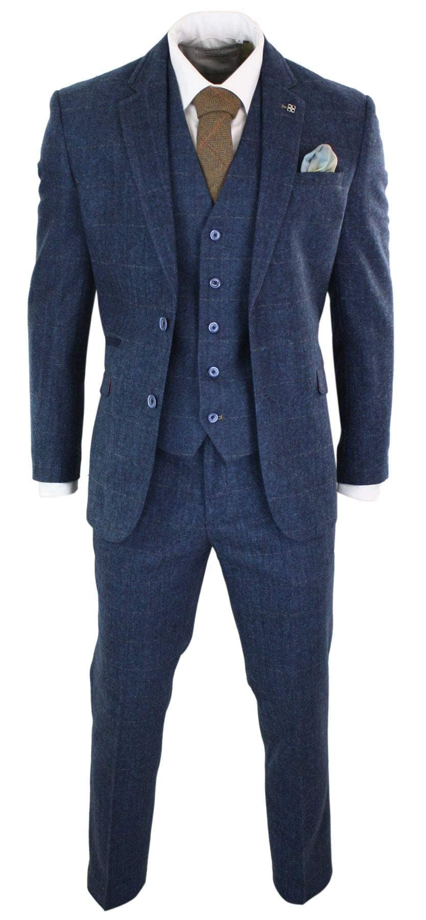 Mens 3 Piece Navy Blue Suit Tweed Check 1920s Tailored Fit Vintage