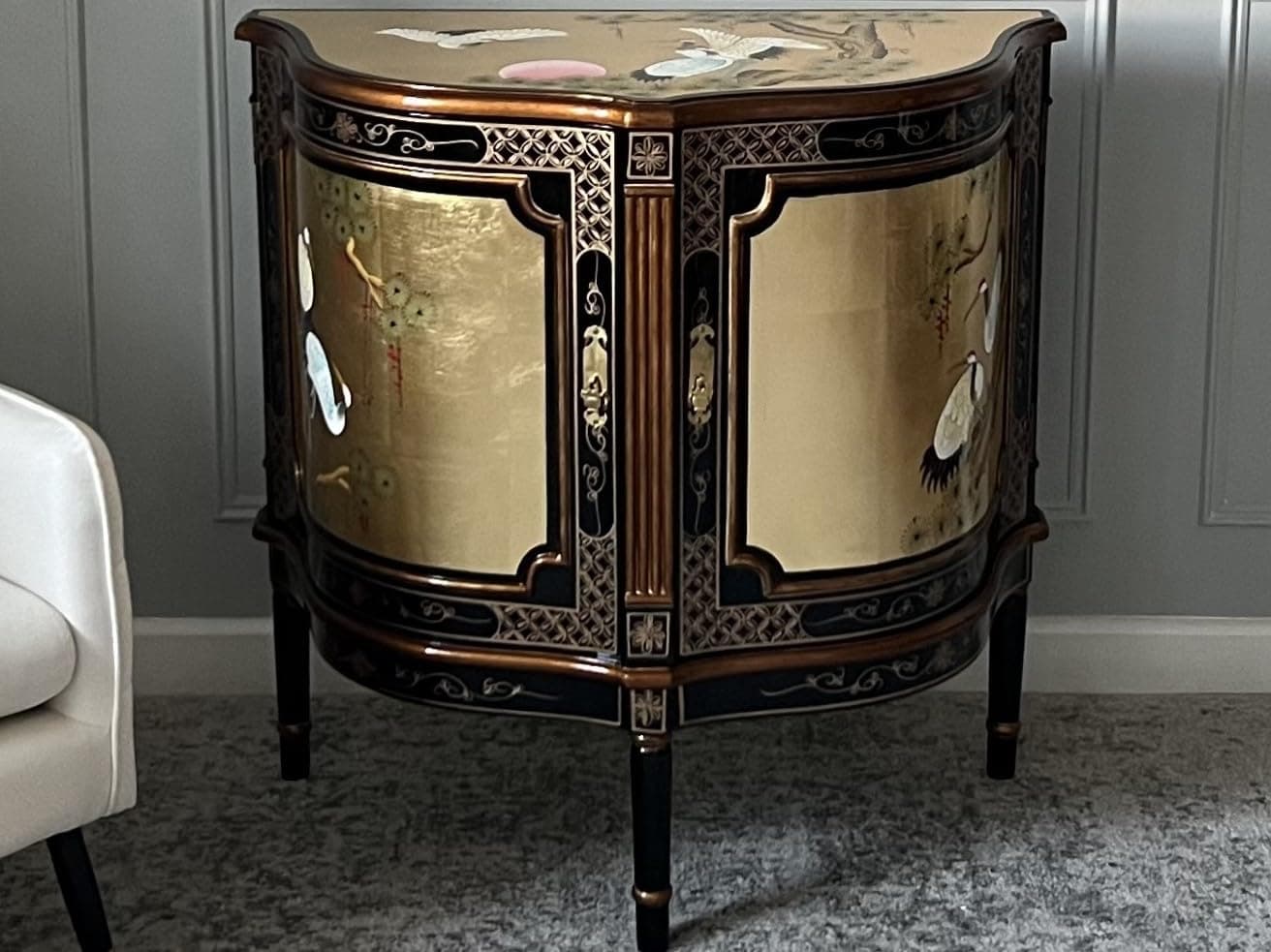Chinese Furniture - Gold Leaf Half Moon Cabinet in Cranes Design, Oriental Furniture