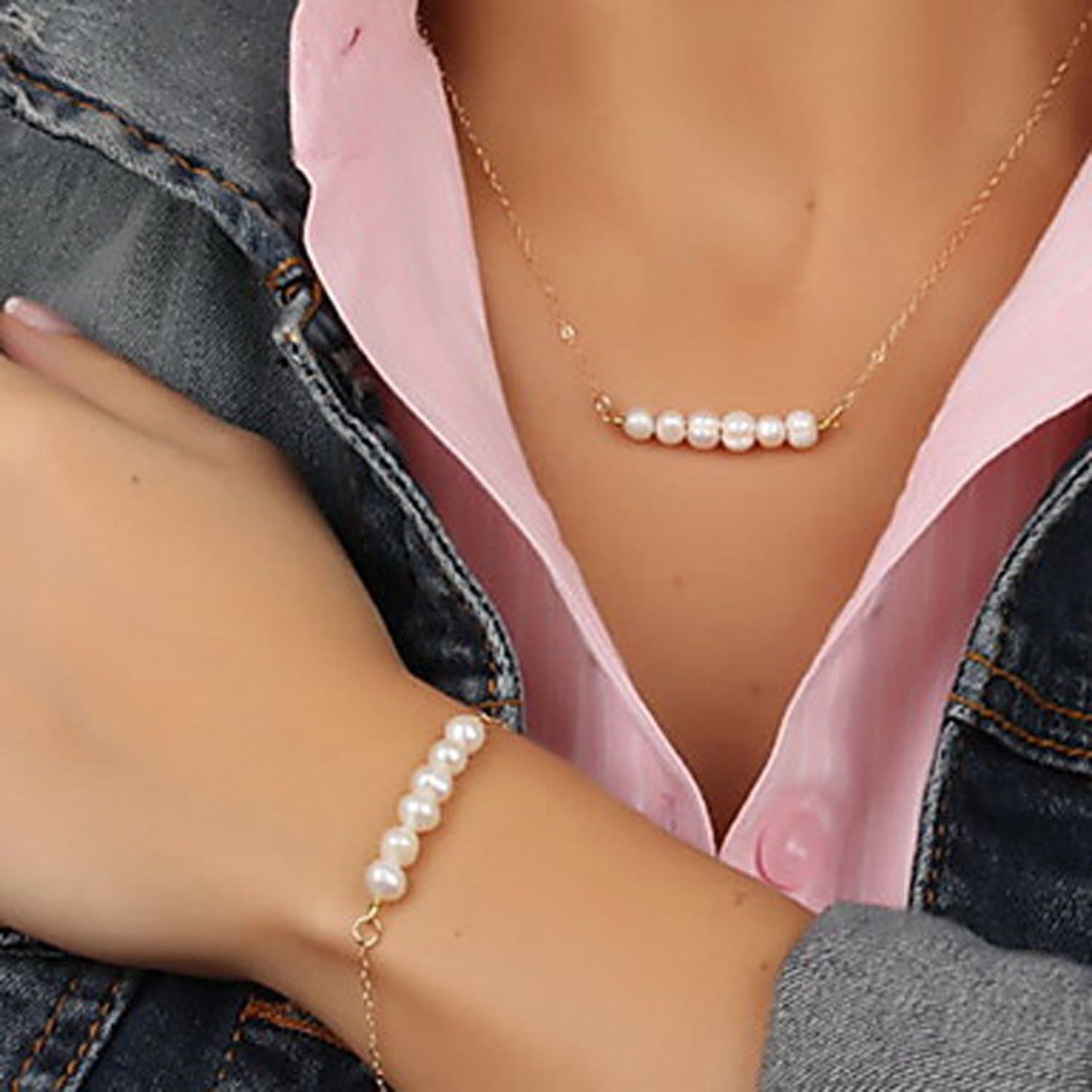 PassionBox(TM) Fashion Pearl Beads Short Necklace Bracelet Set