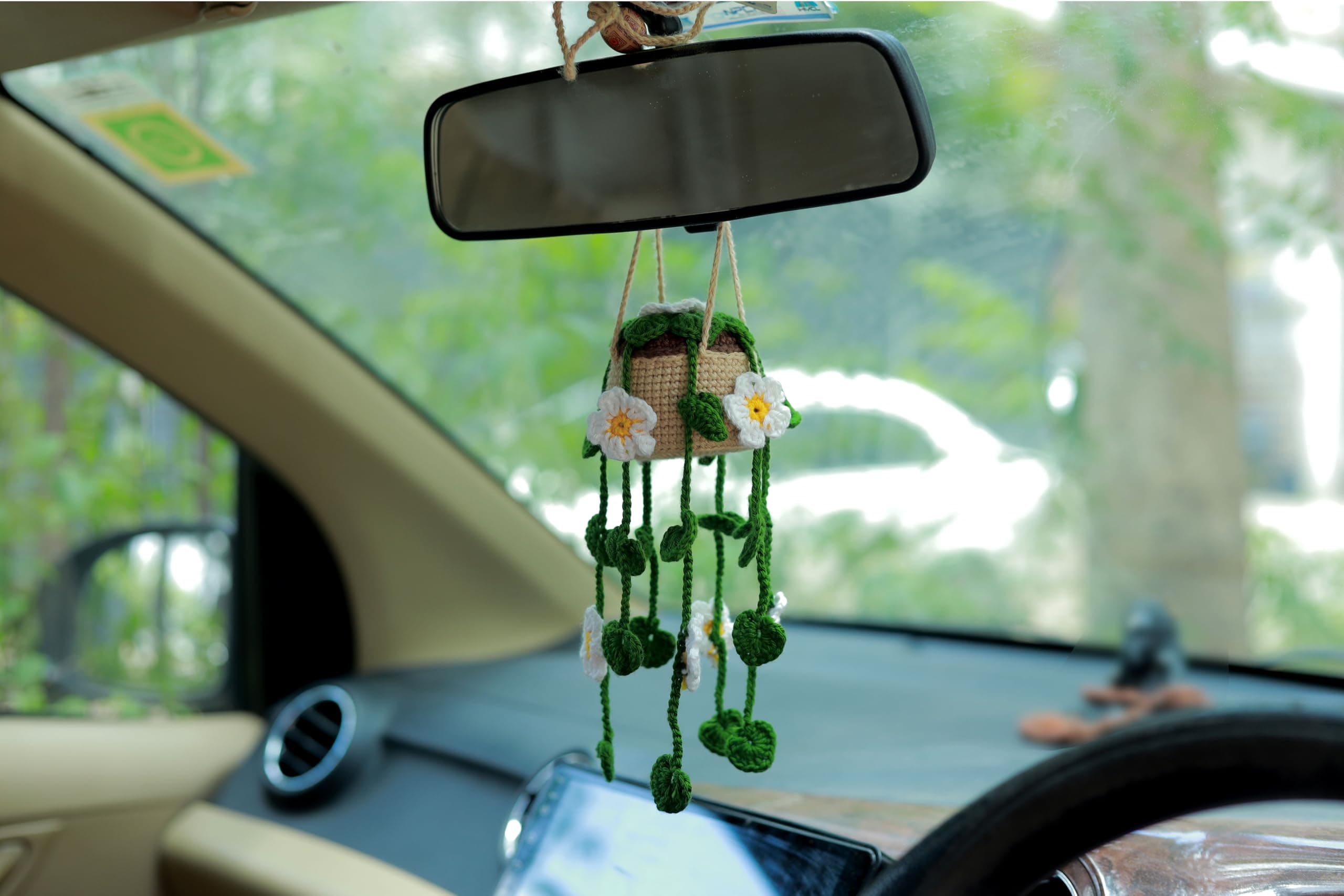 Cute Potted Plants Crochet Car Mirror Hanging Accessories for Women Men - Handmade Knitted Rear View Mirror Accessories - Interior Aesthetic Pack-1, Multi
