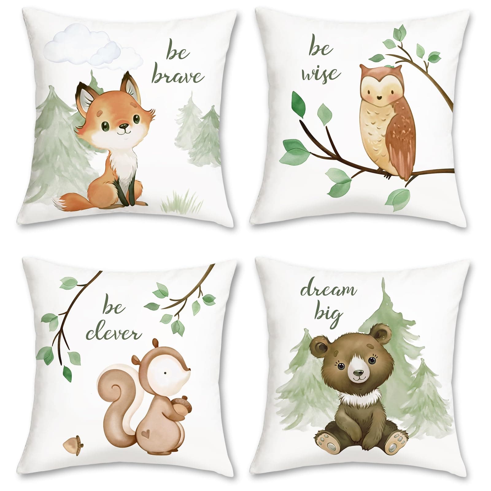 Bonhause Spring Forest Animals Throw Pillow Covers 18 x 18 Inch Fox Bear Squirrel Owl Kids Pillows Case for Sofa School Home Decor Set of 4
