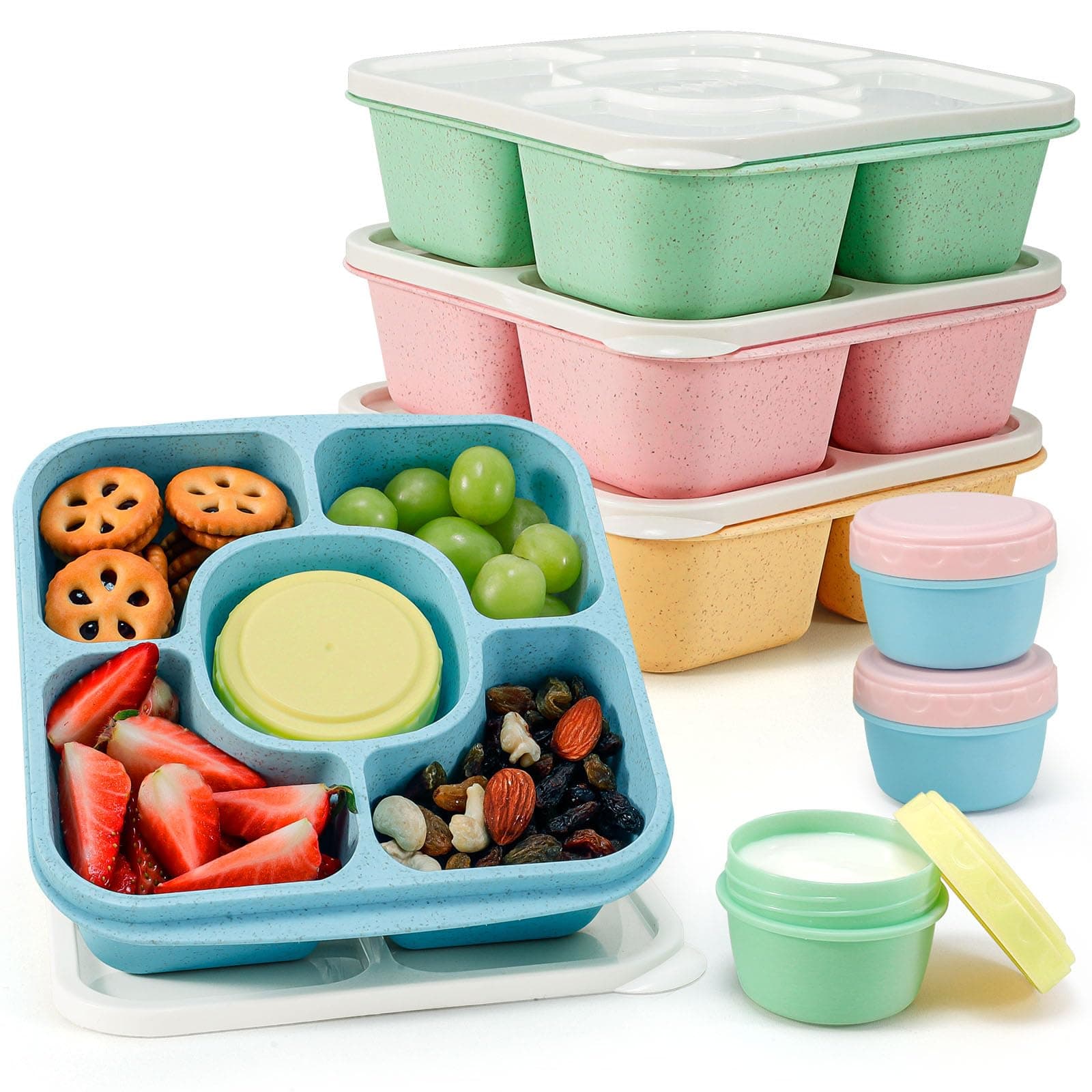 Original Lunchable Snack Containers for Kids & Adults - 5 Compartments Bento Snack Boxes with 4 Leakproof Small Containers, Wheat Straw, BPA-Free, Set of 4 (Vintage Colors)