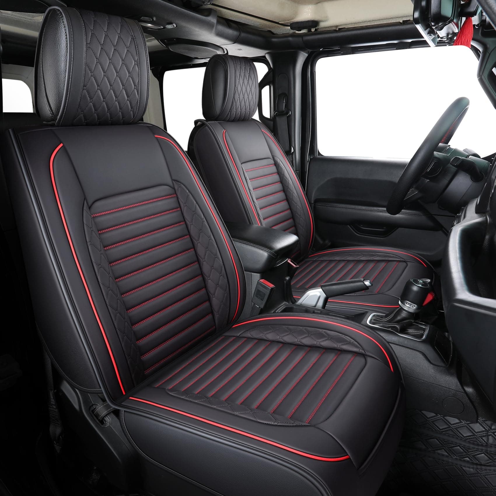 Seat Covers Compatible with Jeep Wrangler 2007-2026 4door JK JL Rubicon EcoDiesel Unlimited Altitude Luminator Concept Pickup Truck Waterproof Leather Full Set car Cushions (Black-Red)