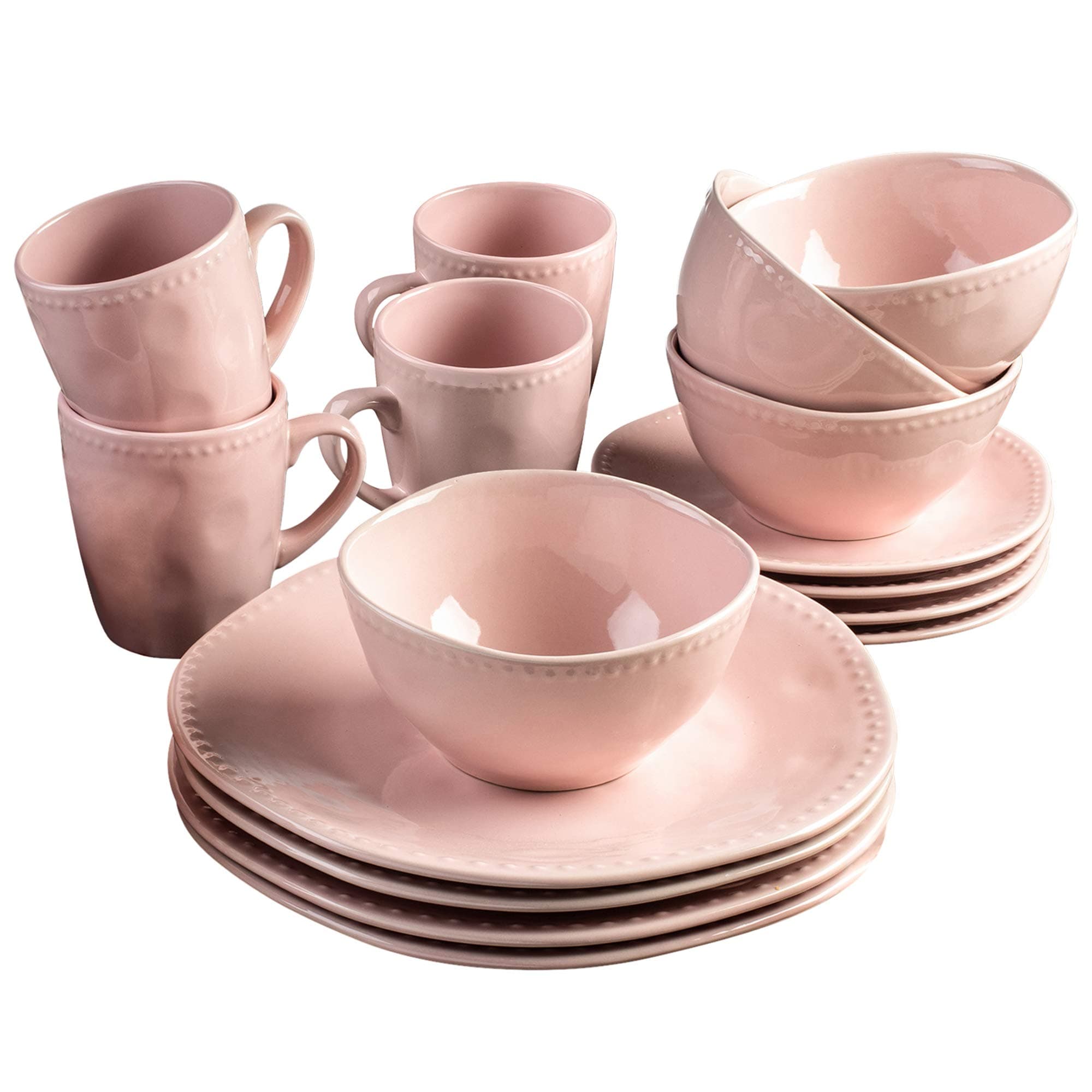 American Atelier Nadia 16 Piece Round Beaded Dinnerware Set, 10.75x10.75, Pink