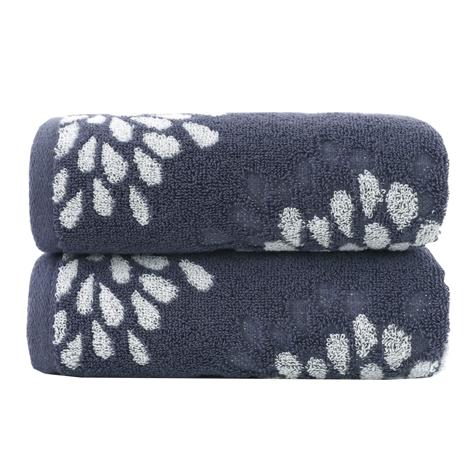 Pidada Hand Towels Set of 2 Hydrangea Floral Pattern 100% Cotton Absorbent Soft Decorative Towel for Bathroom 34 x 75 cm (Denim Blue)