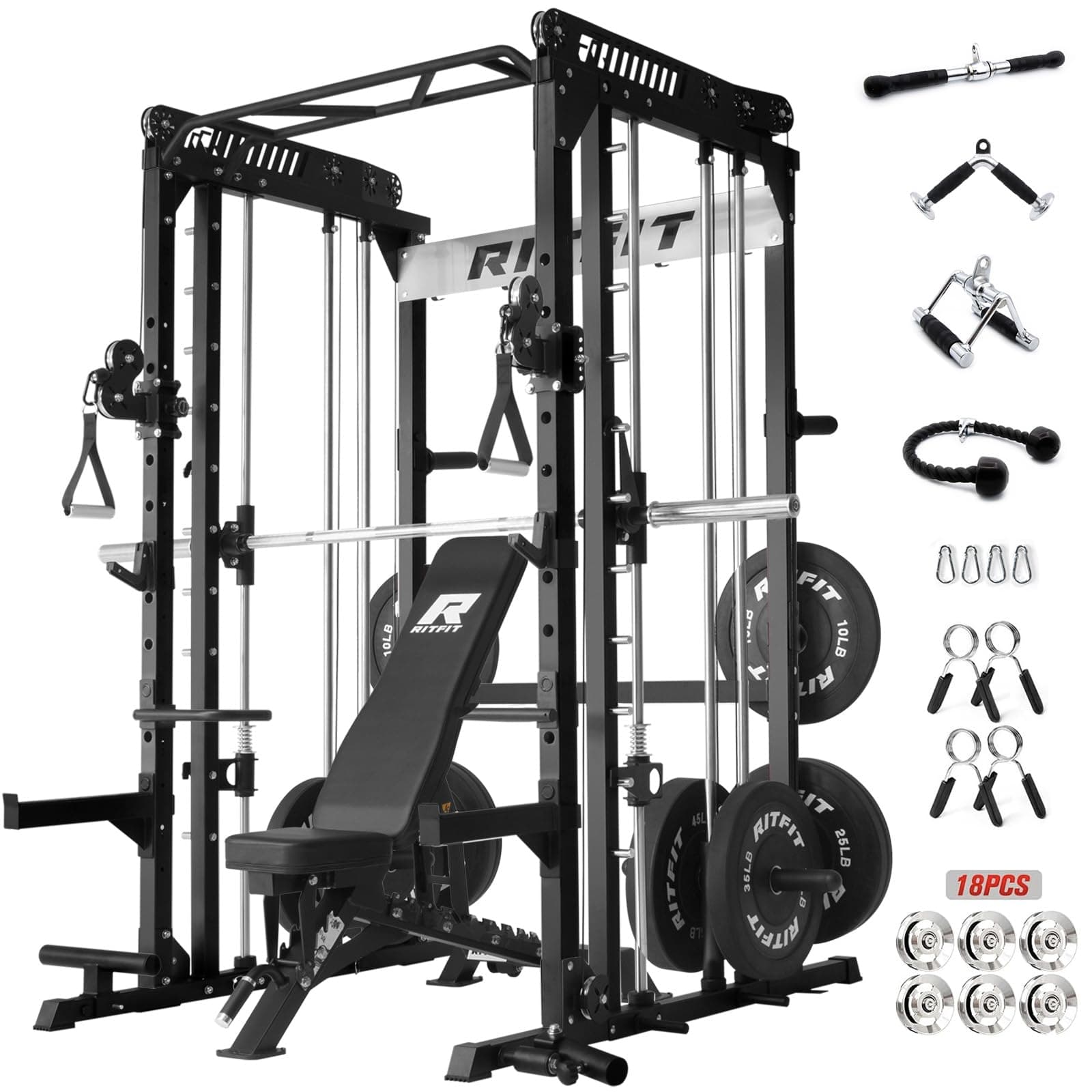RitFit M1 Pro Smith Machine with Cable Crossover System, Multi-Function Squat Rack Power Cage for Home Gym, Power Rack and Packages