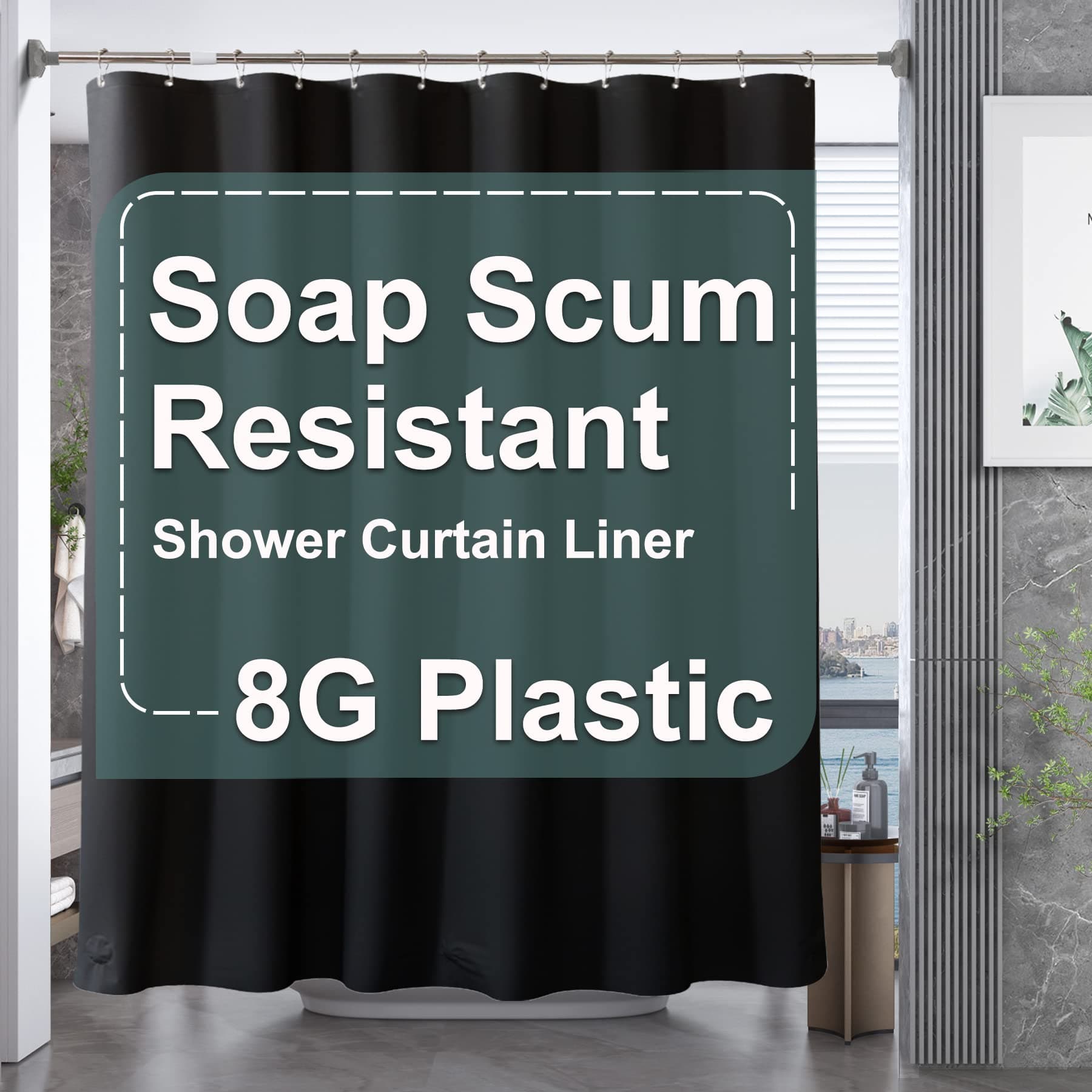 Plastic Shower Curtain Liner, 72 x Inches EVA 8G Heavy Duty Black Waterproof Weighted Thick Bathroom with 3 Clear Weights and 12 Rustproof Grommet Holes