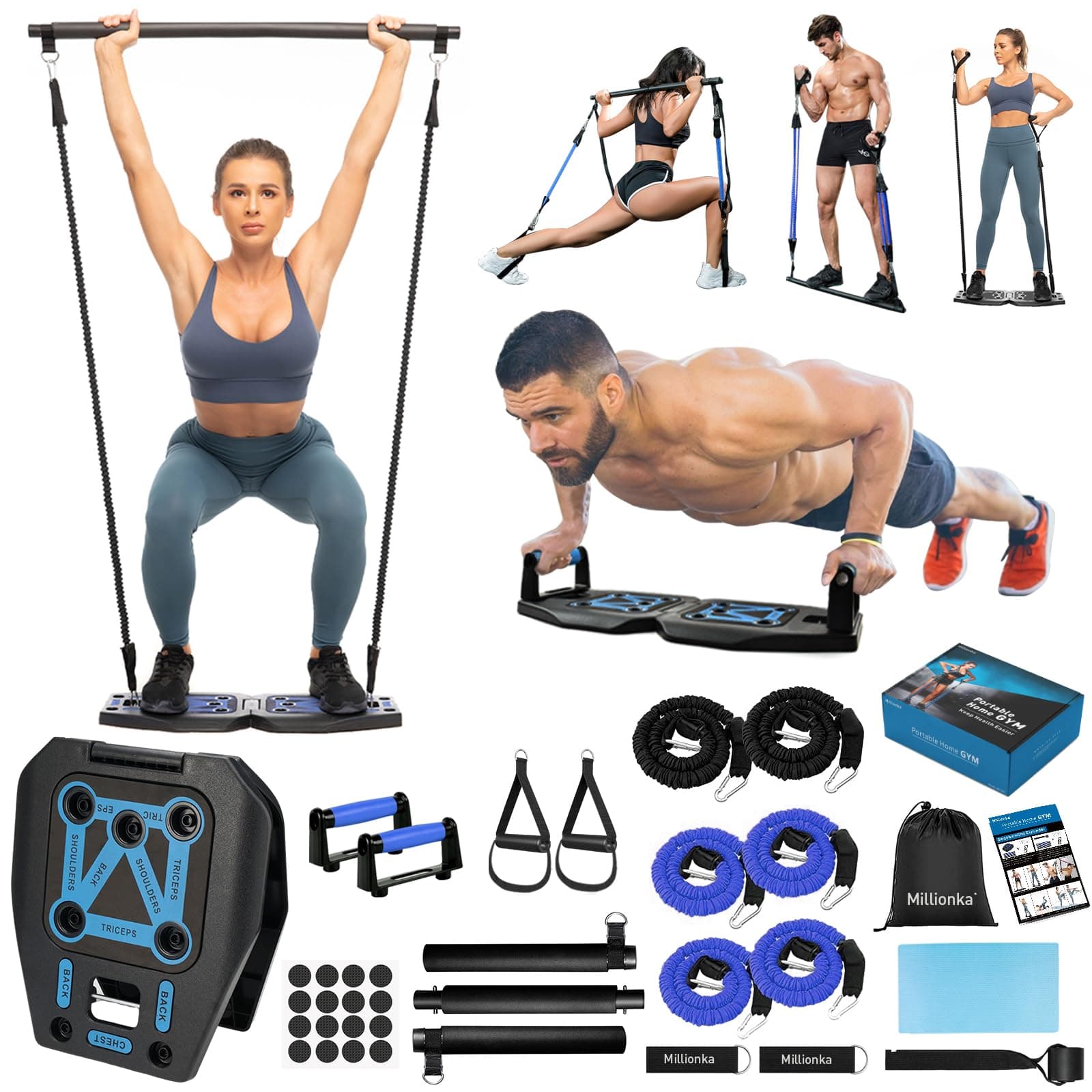 Portable Home Gym Workout Equipment with 16 Exercise Accessories Including Fitness Push Up Board Elastic Resistance Bands Pilates Bar and More for Full Body Exercise at Home Equipment