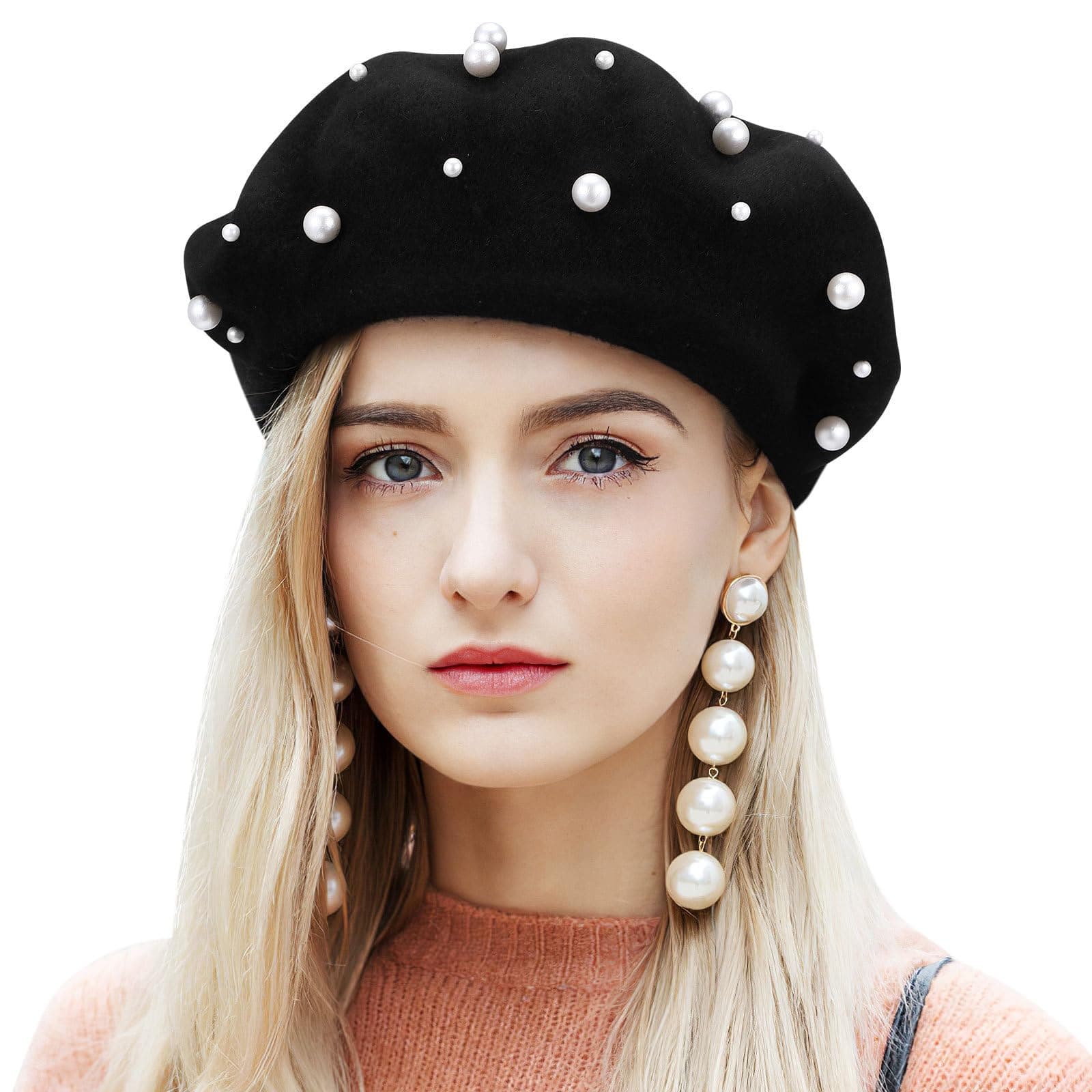 Black Beret Hats for Women Classic Pearl Wool French Beret Hat for Women Girls Elegant Fall Outfit Party Travel Winter Accessories