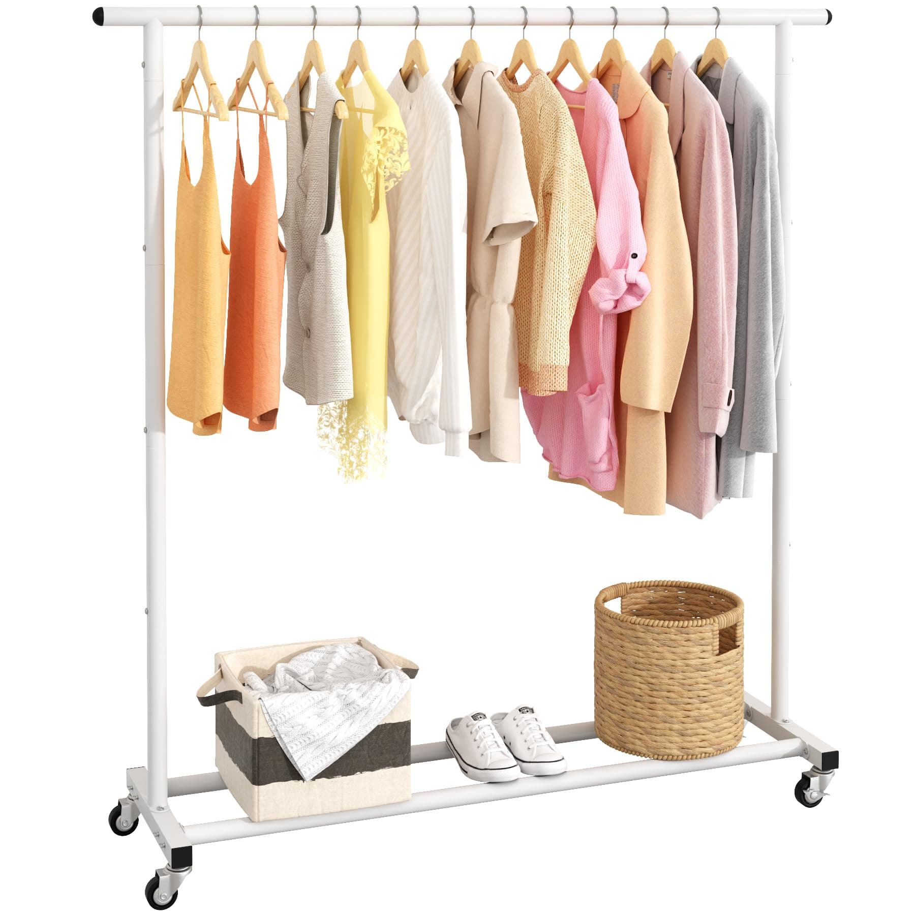 Buzowruil Standard Rod Simple Rolling Metal Clothing Rack Garment Rack Organizer Freestanding Hanger with Wheels,White