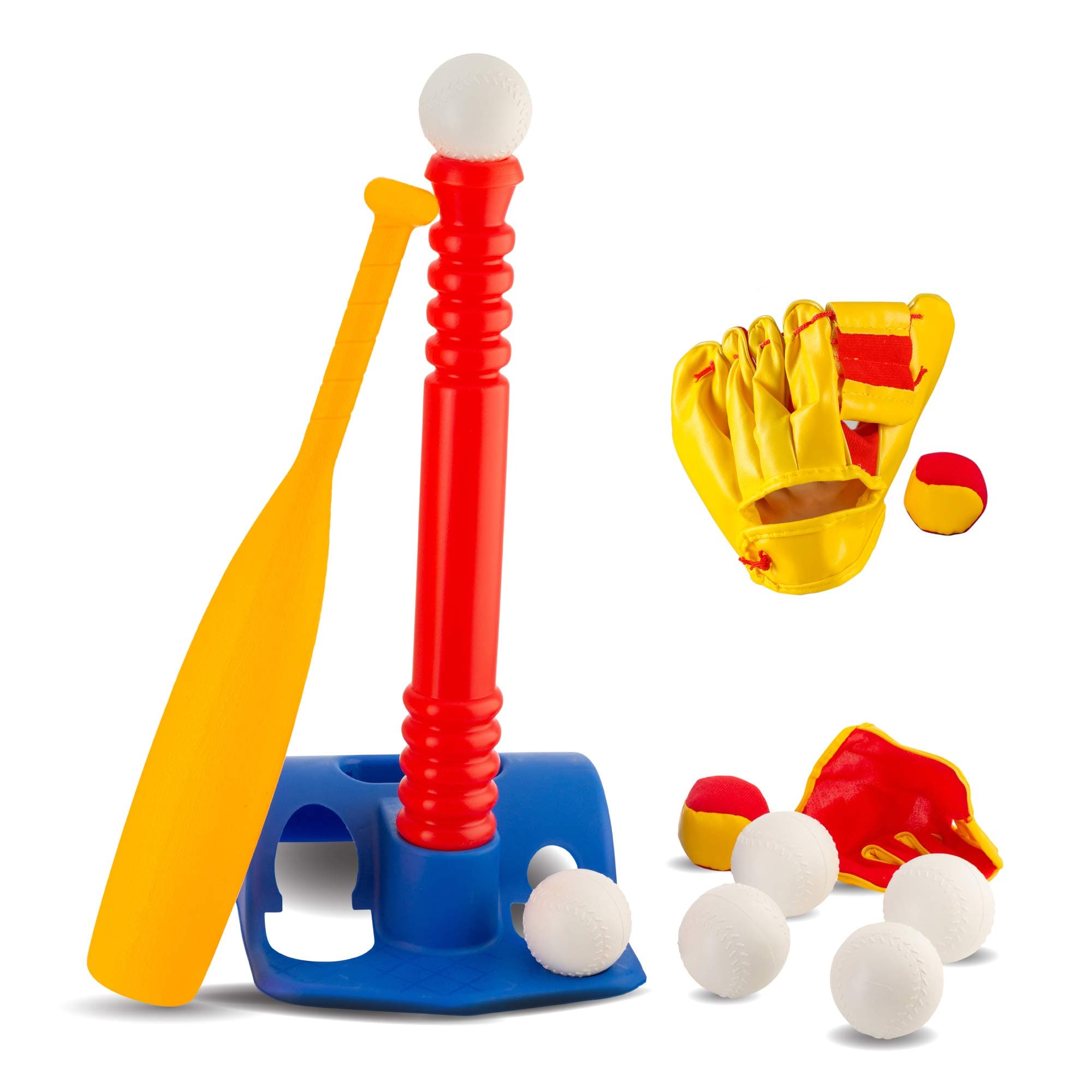 Tee-Ball Sport Set - 6 Balls and 1 Soft Ball with Bat & Glove to Develop Baseball & Softball Skills - Primary Color Set for Kids in Carry Case