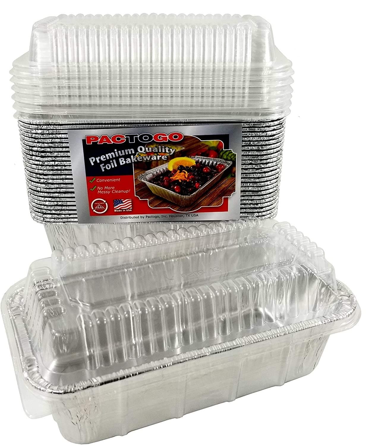 PACTOGO Loaf Pans - Disposable Aluminum Foil 1 1/2 lb. Bread Tins 8.5" X 4.5" X 2.3" with Clear Plastic Dome Lids (Pack of 50 Sets)