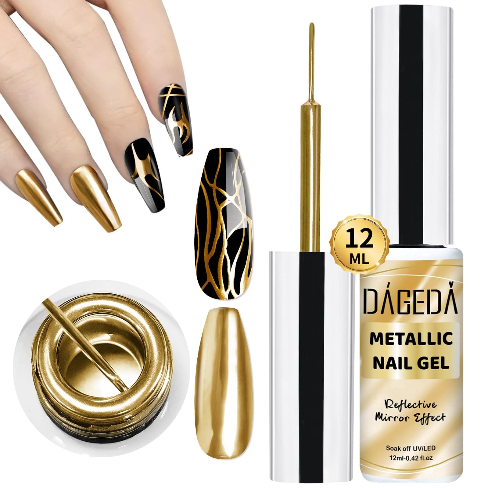 DAGEDA12ml Metallic Nail Painting Gold Gel Liner,Mirror Gel Polish Build in Thin Brush,High Gloss Nail Painted,Metal Drawing Liner Gel Soak Off UV/LED DIY Nail Art