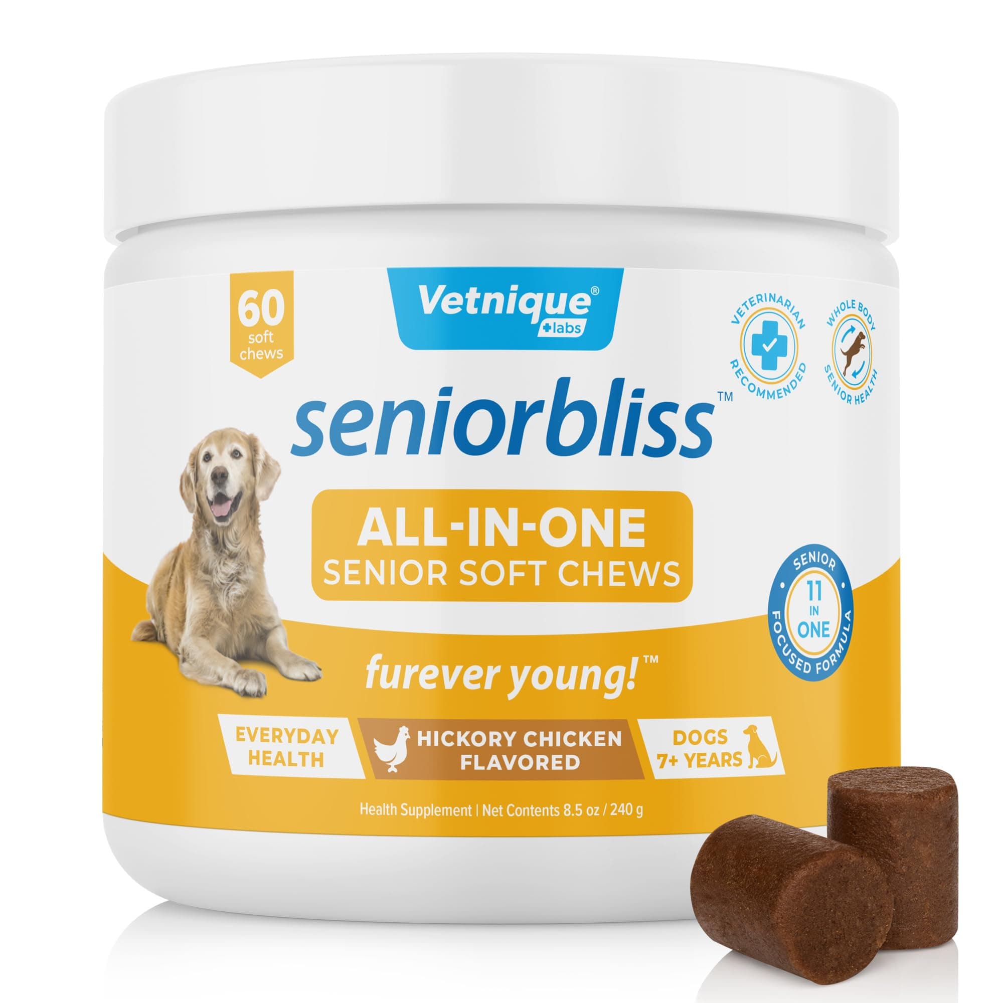 Vetnique Seniorbliss Senior Dog Multivitamin with Glucosamine, Omega 3 Fish Oil, and Probiotics - for Dog Joints, Digestive and Immune Support for Optimal Health (All-in-One Daily Vitamin, 60 Ct)