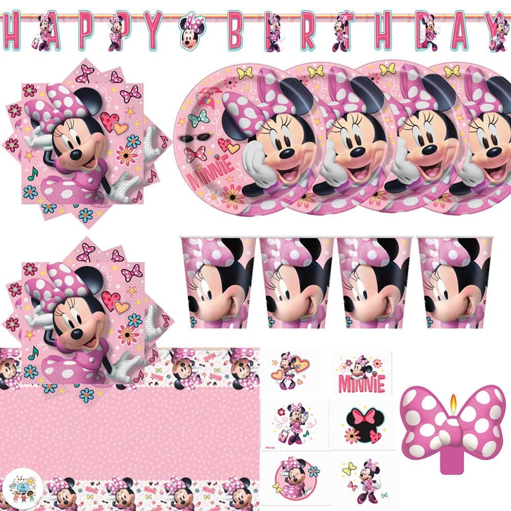 Minnie Mouse Birthday Party Supplies Pack For 16 Guests With Plates, Cups, Napkins, Table Cover, Tattoos, Birthday Banner, Candle and an Exclusive Pin, by Another Dream