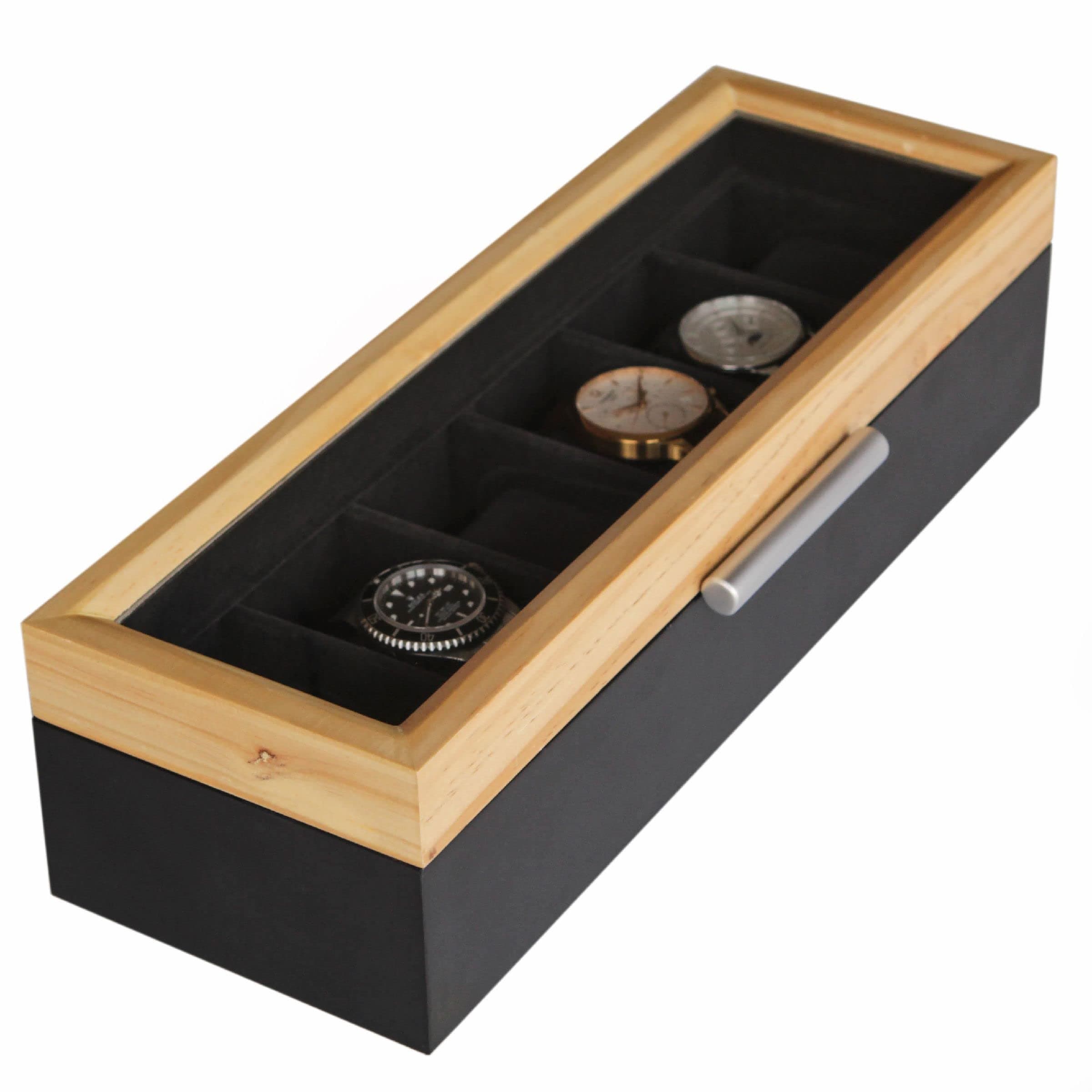 – Two-Toned Pine and Black Base with Modern Aluminum Handle 6-Slot Watch Box with Real Glass