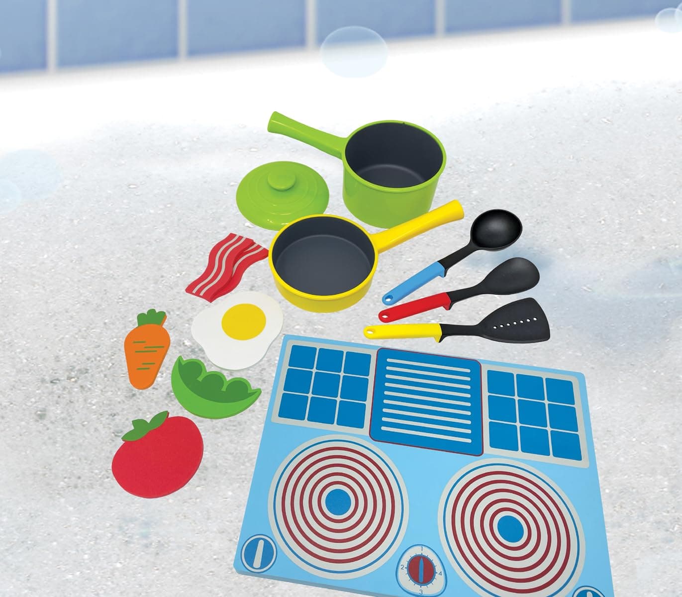 BathBlocks Floating Cookset - Plastic, Red, Blue, Yellow, 8.5 x 11 x 4 inches, Kid