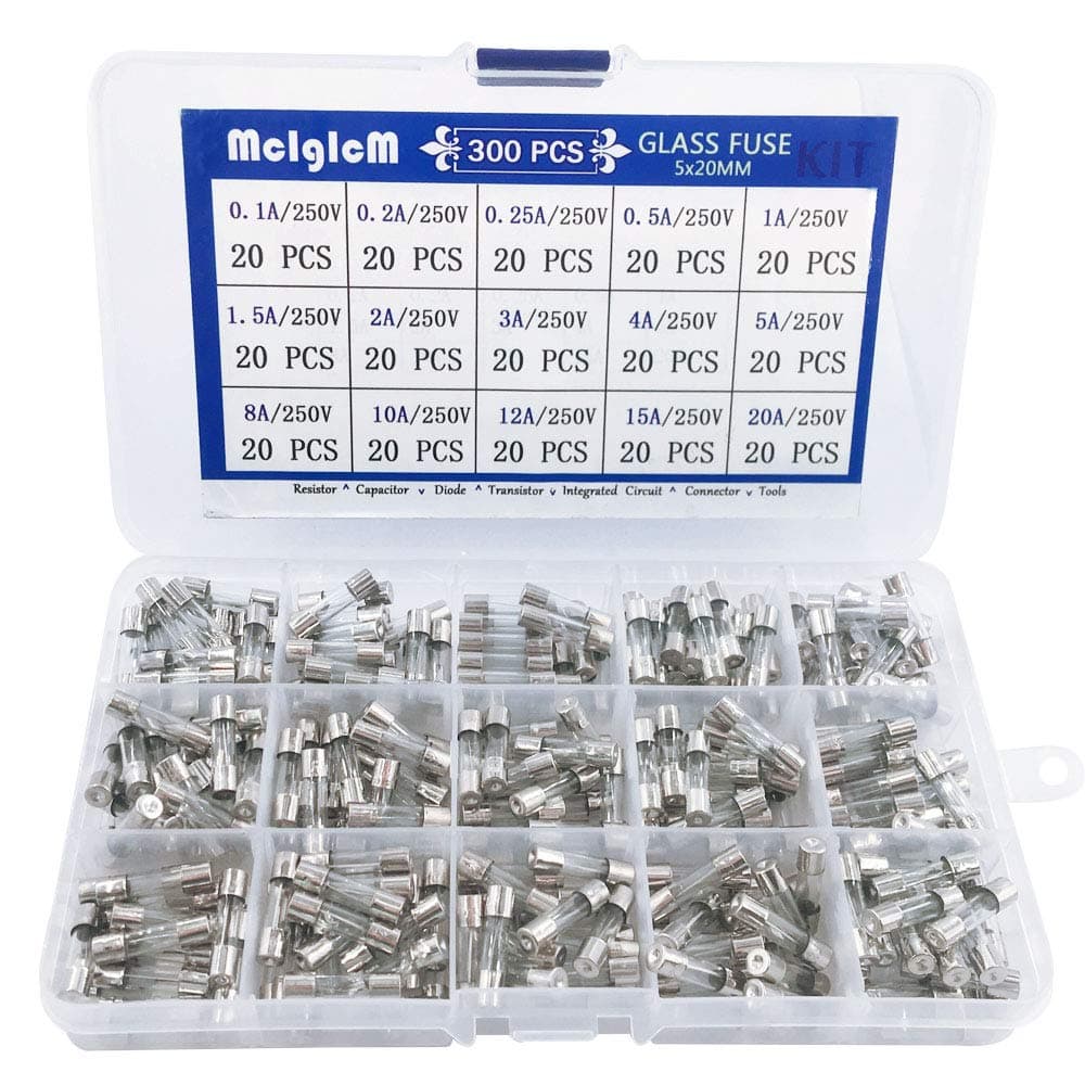 MCIGICM 300 Pcs 5 x 20mm Fast-Blow Glass Fuses Assorted, 125V/ 250V 0.1A/ 0.25A/ 0.2A/ 0.5A/ 1A/ 1.5A/ 2A/ 3A/ 4A/ 5A/ 8A/ 10A/ 12A/ 15A/ 20A Tube Fuses, 15 Values