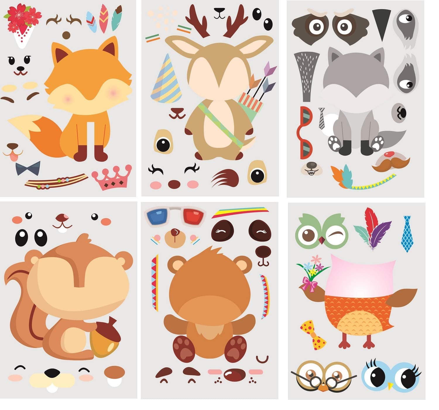30Pack Make A Woodland Creatures Stickers - Party Supplies for Baby Showers & Birthdays, Includes Fox, Owl, Bear, Squirrel, Deer, Raccoon