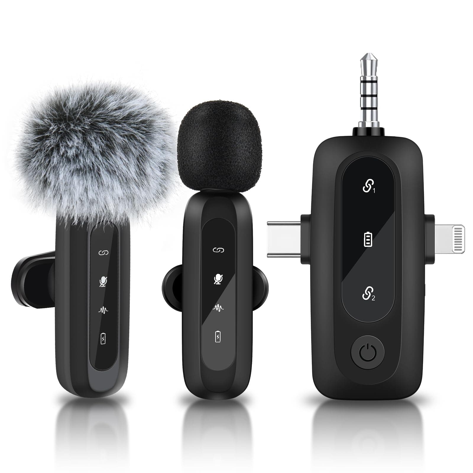 Wireless Microphone for iphone, Bluetooth Microphone Wireless Lavalier for Android/PC/Camera, Professional Noise Reduction Clip with USB-C/3.5mm/USB Plug for Video Recording, Vlog, YouTube