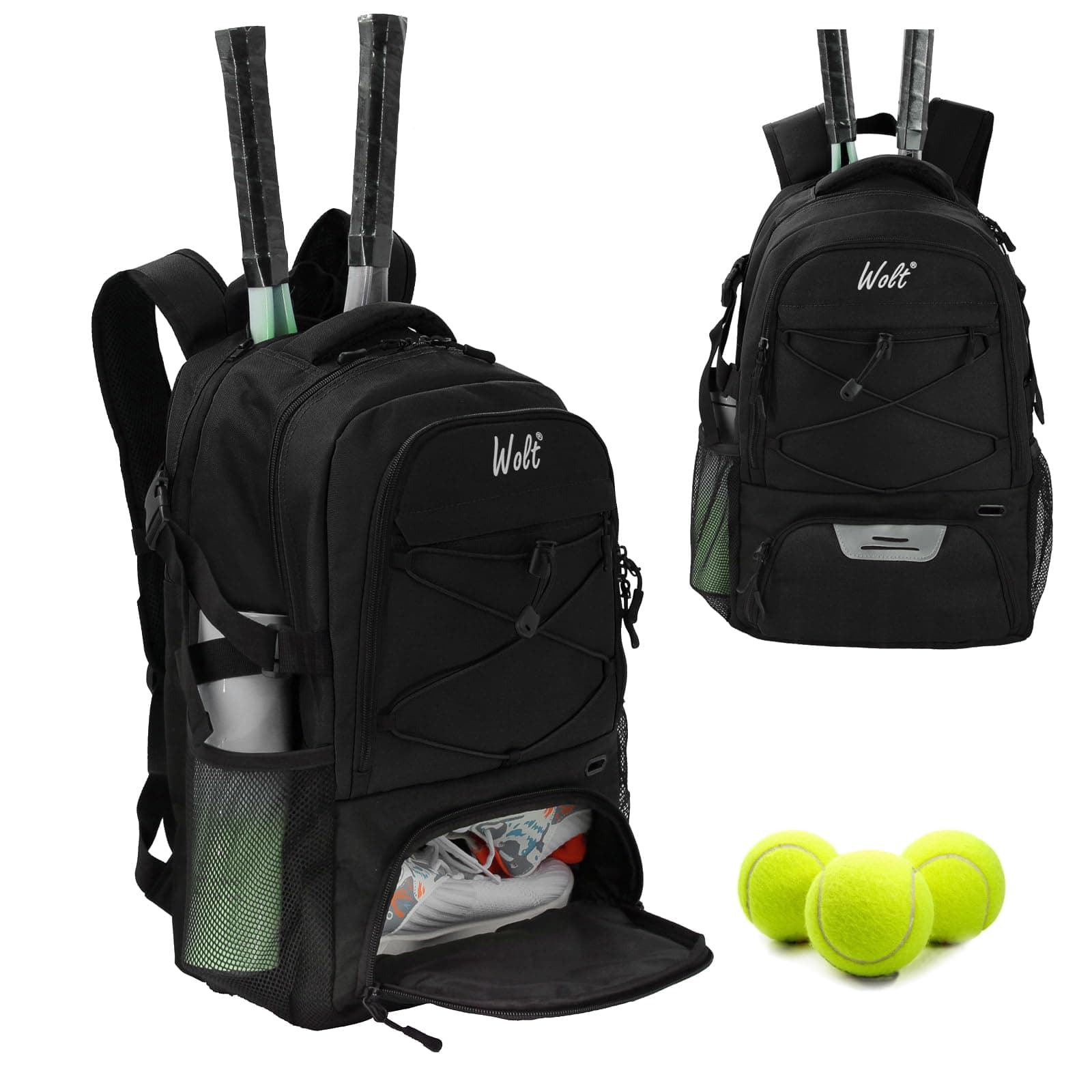WOLT Tennis Bag - Large Tennis Racket Backpack for Men & Women - Ventilated Shoe Compartment - Holds 2 Rackets