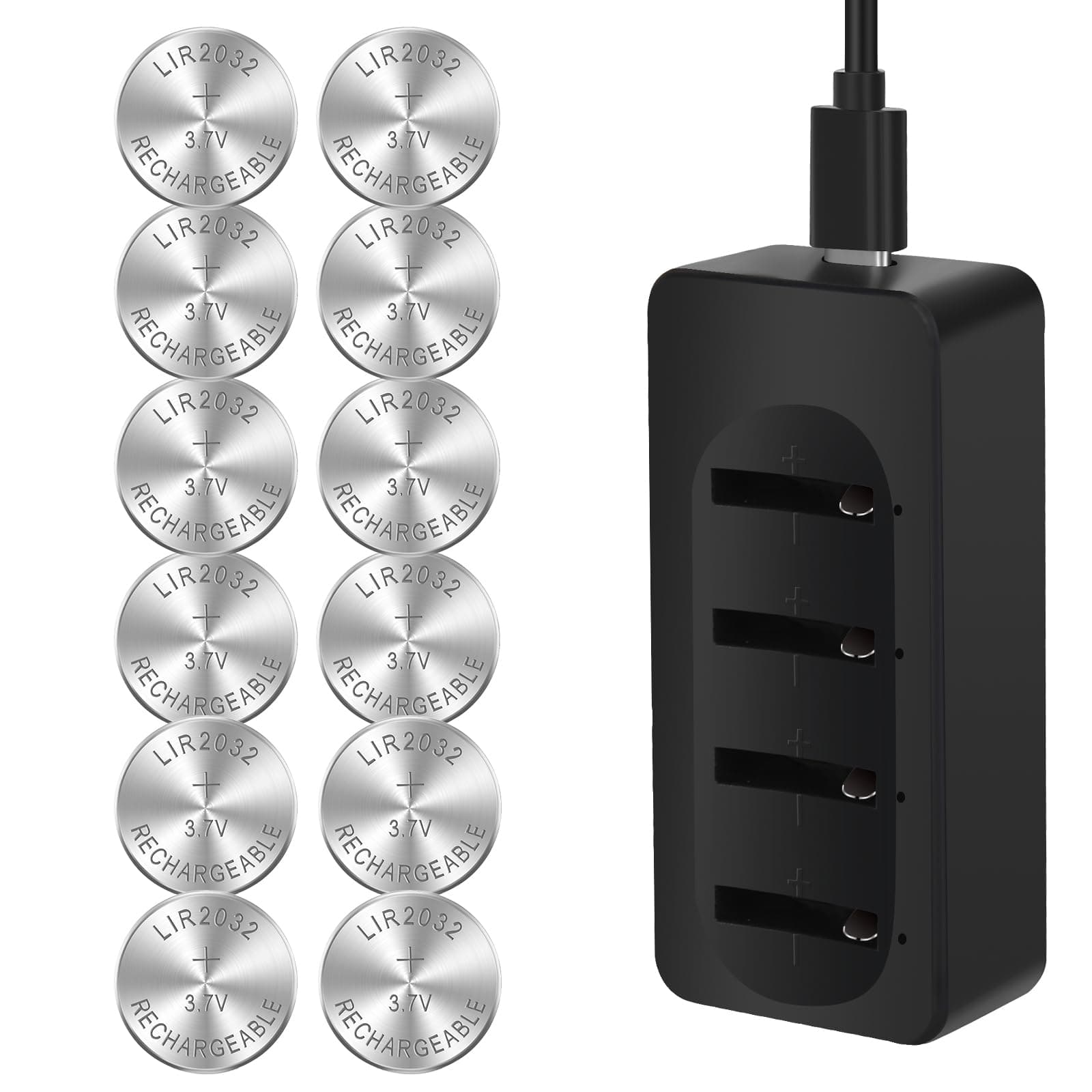 12 Pack Rechargeable 2032 Battery with Charger, 3.7v LIR2032 Button Battery Can Replace ML2032,CR2032 3v Lithium Batteries for Airtag, Car Remote Key