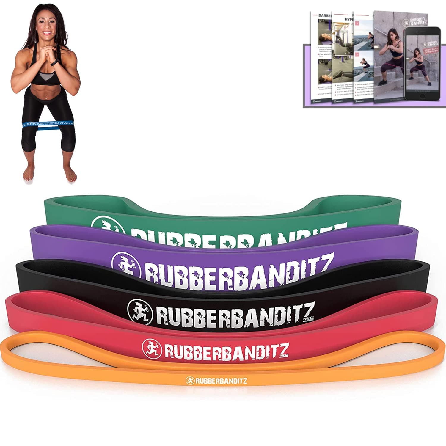 RubberBanditz Extra Thick Booty Bands - for Glutes and Legs Workouts Includes Eguide Women Mini Loop Exercise Band Engages Hips, Thighs, Butt, Abs 5 Resistance Sizes 5-100 Lbs