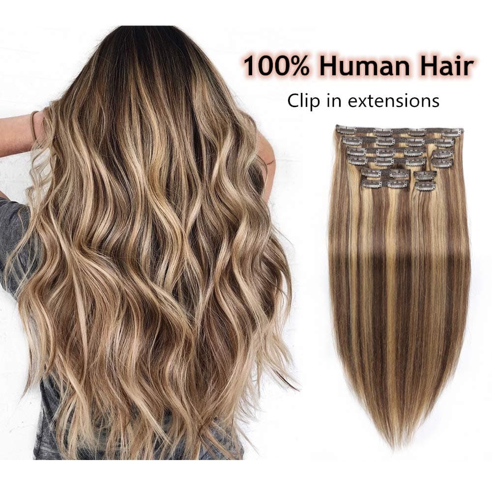 Double Weft Clip in Human Hair Extensions,ShowCoco Balayage Thick Hair Extensions Human Hair Clip in Extensions 18inch Highlight Blonde Multi Color Mixed Chocolate Brown(#4/27 10pcs 18" 150g)