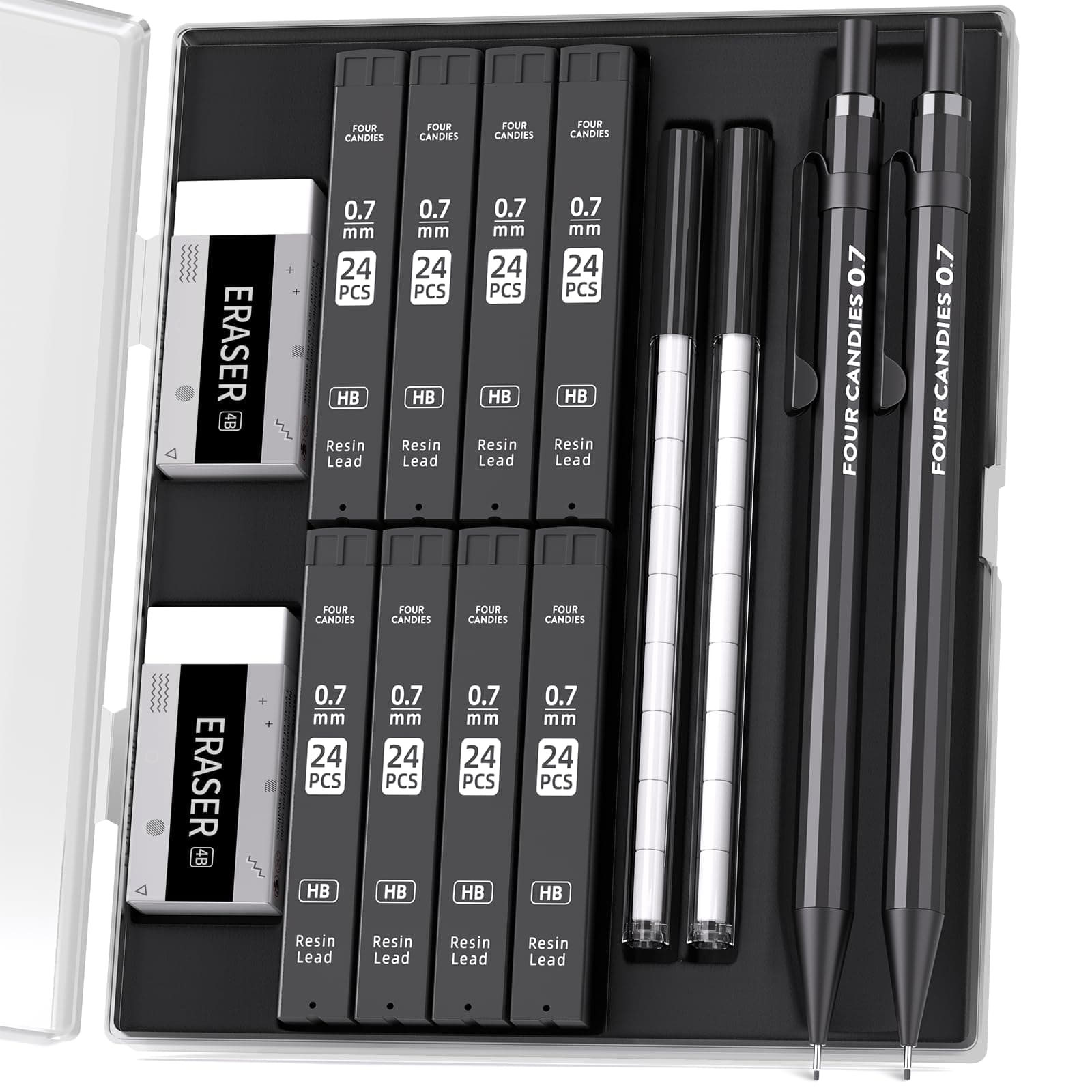 0.7mm Mechanical Pencil Set with Case - 2PCS Metal Mechanical Pencils 0.7mm, 8 Tubes HB #2 Lead Refills, 2PCS 4B Erasers and 18PCS Eraser Refills, School Supplies for Student Writing