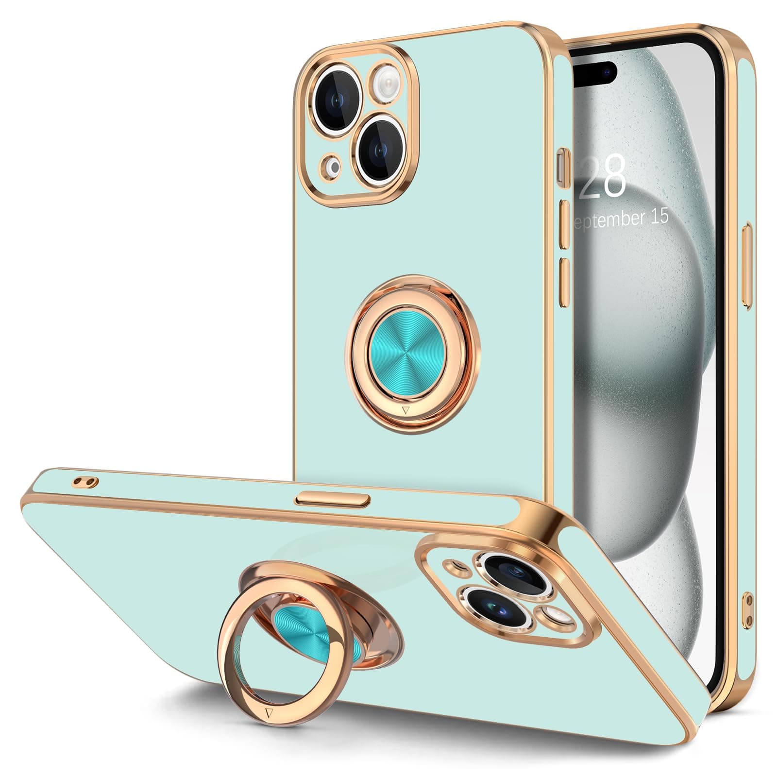 HythonCase for iPhone 15 Case with Ring Stand, 360° Rotatable Ring Holder Magnetic Kickstand, Plating Rose Gold Edge Soft Cover Women Men Luxury Protective Phone Case for iPhone 15 6.1", Mint