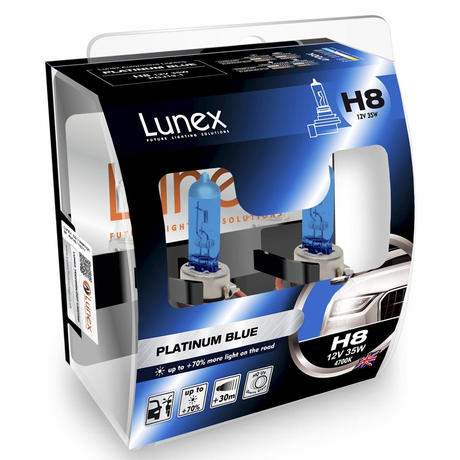 LunexH8 PLATINUM BLUE Headlight Halogen Bulbs 708 12V 35W PGJ19-1 4700K duobox (2 units)