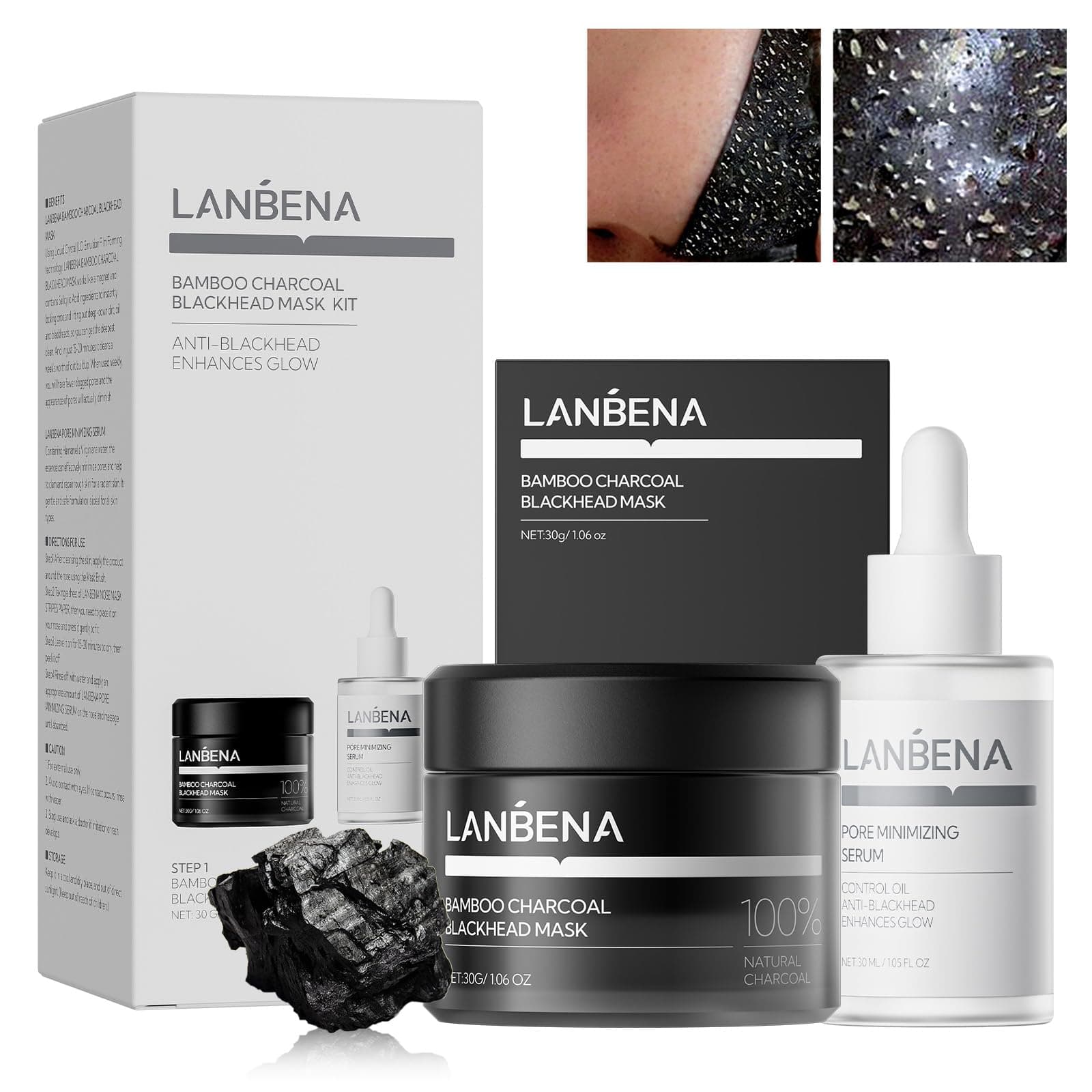 LANBENA 3-in-1 Blackhead Removal Set - Bamboo Charcoal Pore Strips (30g), Pore Minimizing Serum (30ml) & Removal Paper - Mask for Face, Minimizes Pores & Leaves Skin Fresh & Clean, Blackhead Remover