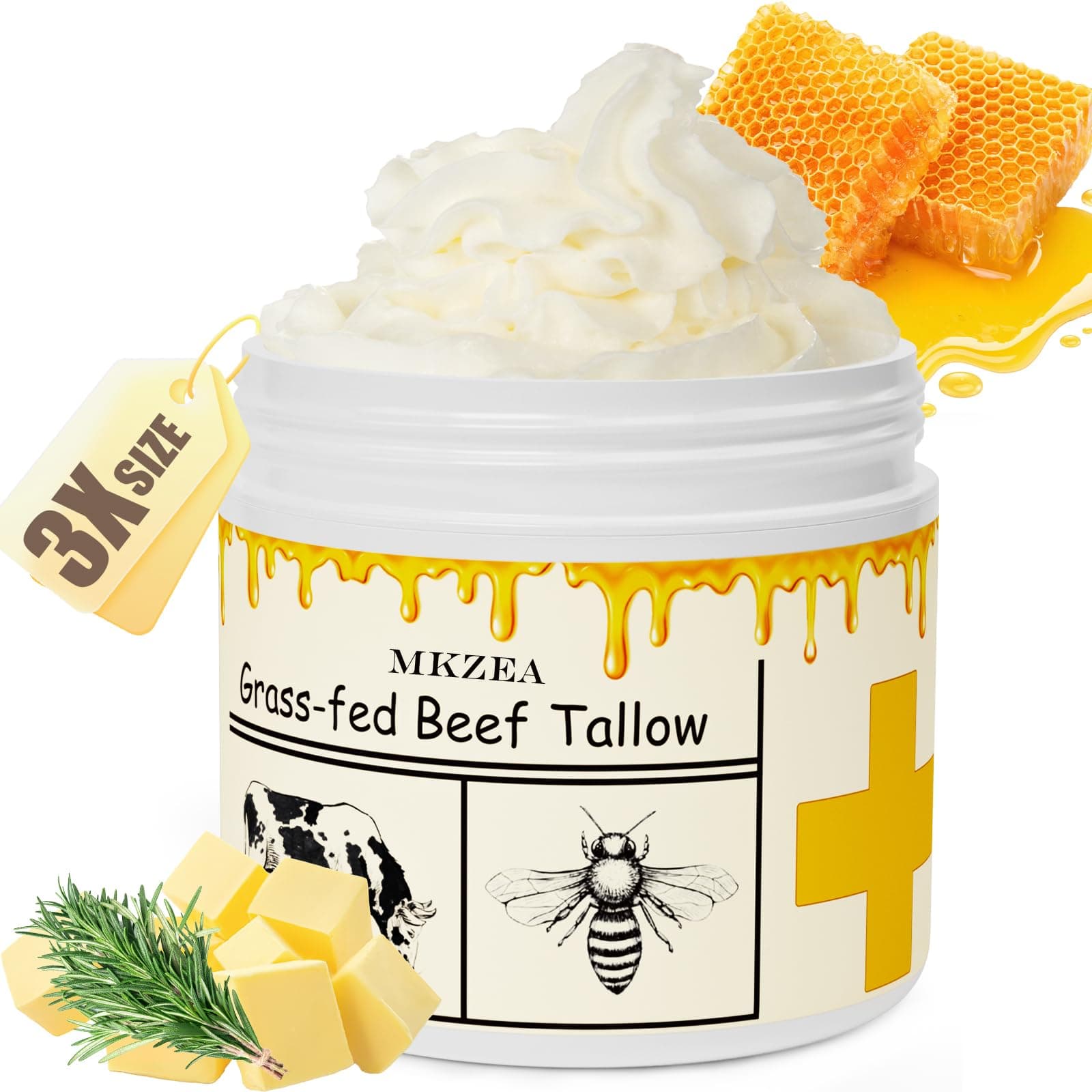mkzea Beef Tallow for Skin, Beef Tallow, Tallow and Honey Cream, Grass Fed Beef Tallow, Whipped Beef Tallow for Face Moisturizer for All Purpose with Raw Honey Tallow Balm 150 Gram(5.3oz)