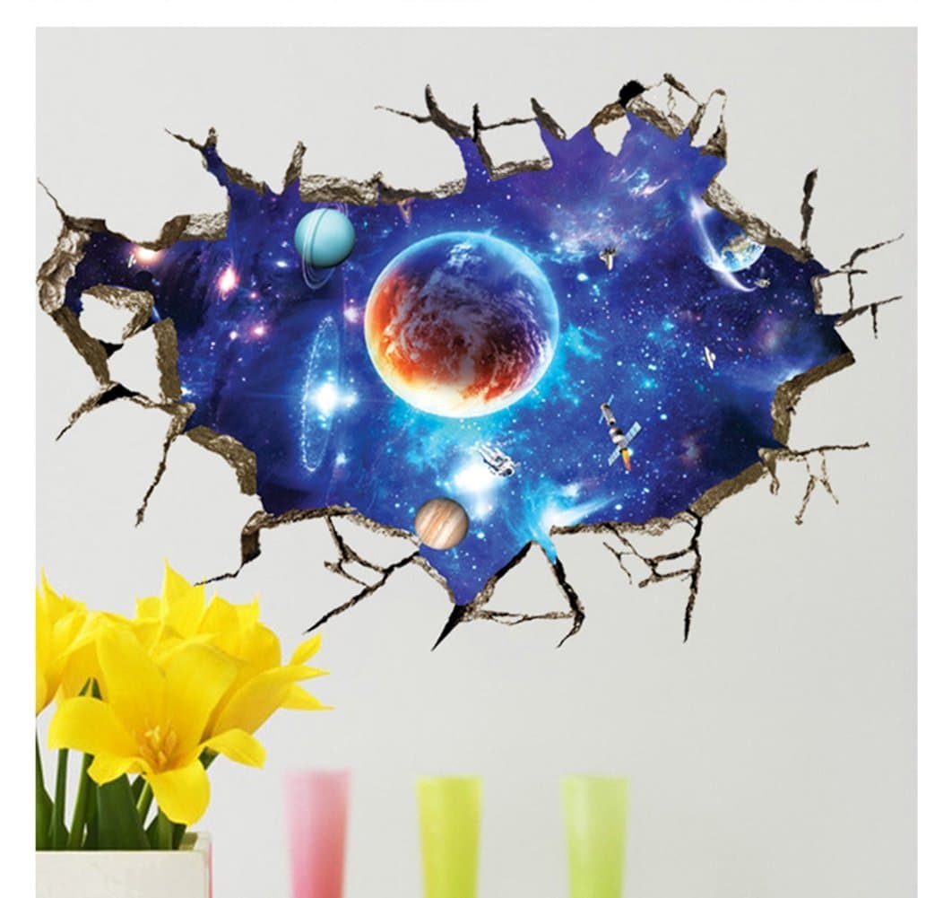 – Large Blue Sky 3D Self-Adhesive Removable Break Through The Wall Vinyl Wall Sticker/Mural Art Decals Decorator (Blue Interstellar Space World of Galaxy Planets(23.6" X 35.4"/ 60 X 90cm))