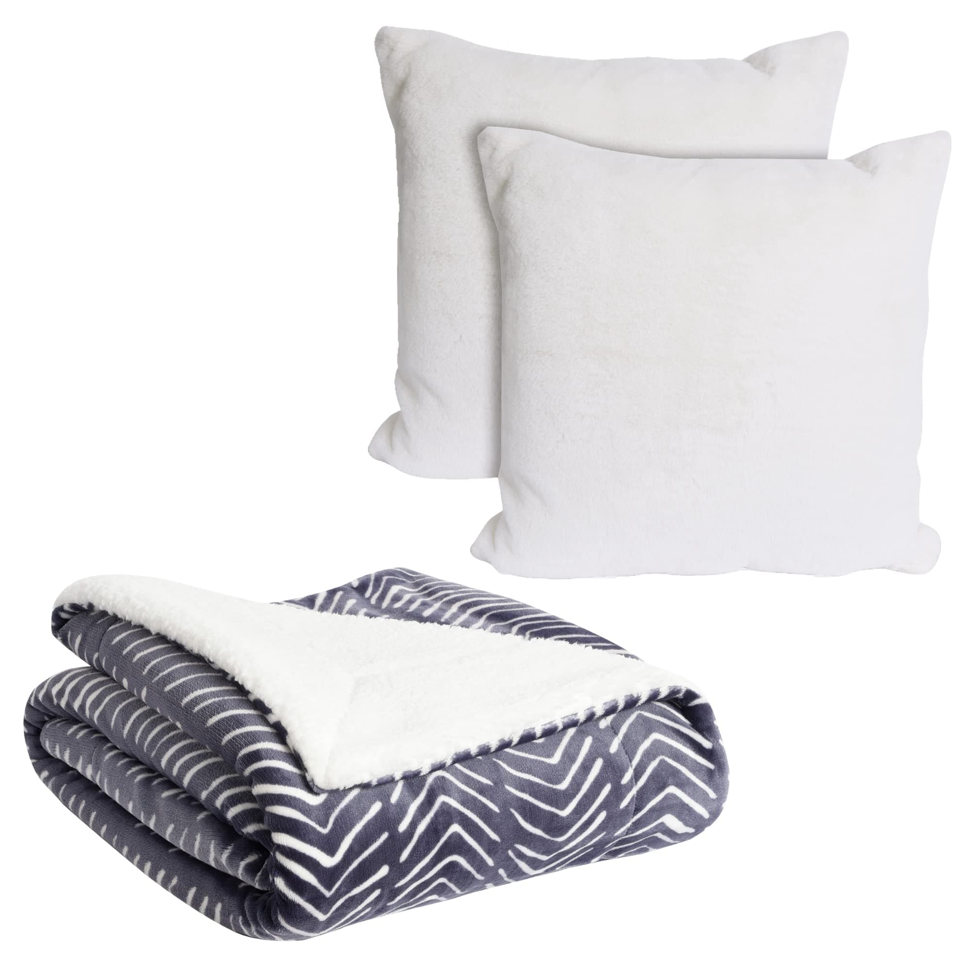 LIFE COMFORT Ultimate Sherpa Throw 50x70 (Blue Geometric) and 2 Pack Faux Fur Decorative Pillow Covers 20x20 (White) Bundle