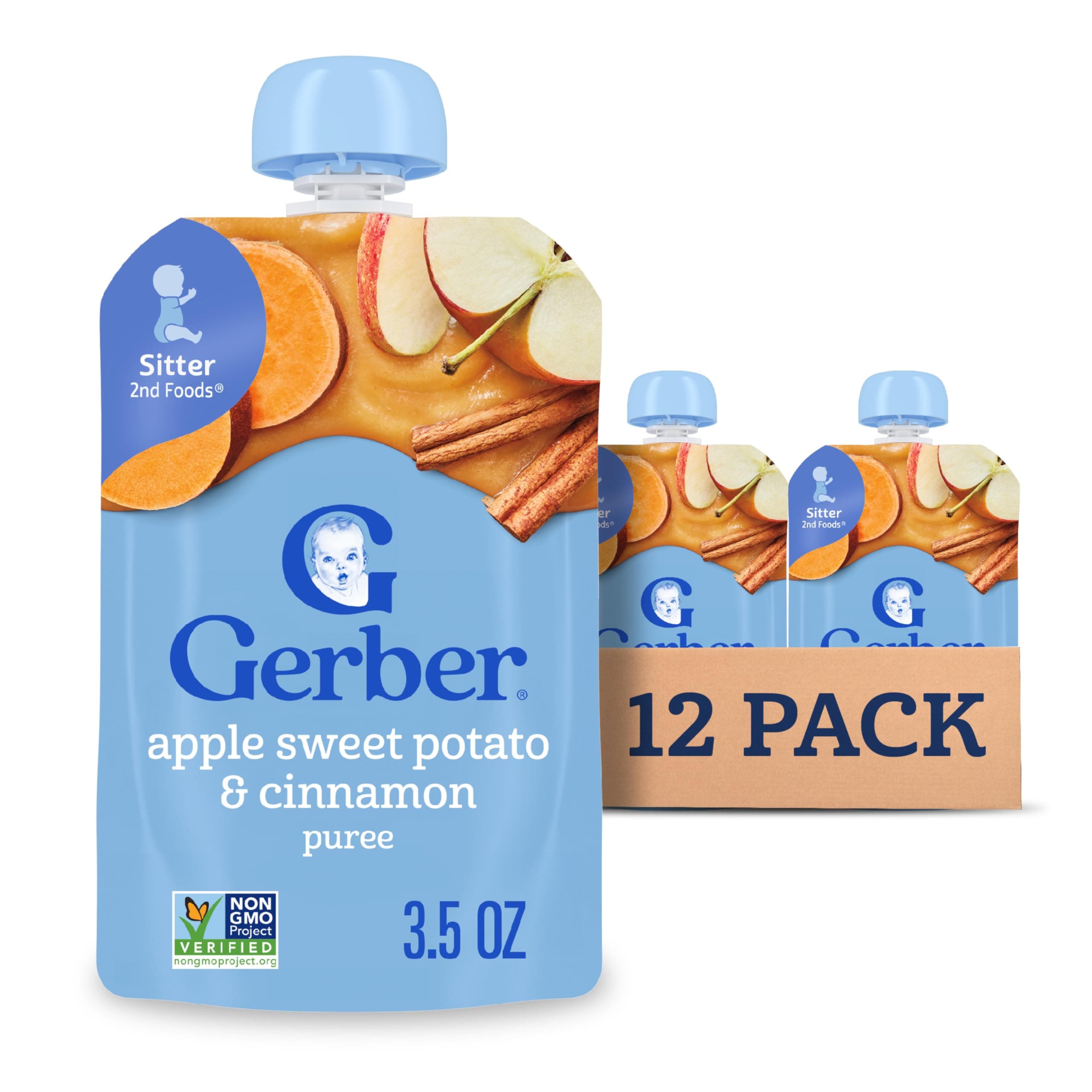 Gerber Stage 2 Baby Food, Apple Sweet Potato Cinnamon Puree Pouch, 2 Servings of Fruit & Veggie, No Added Sweetener, No Artificial Colors or Flavors, 12-Pack
