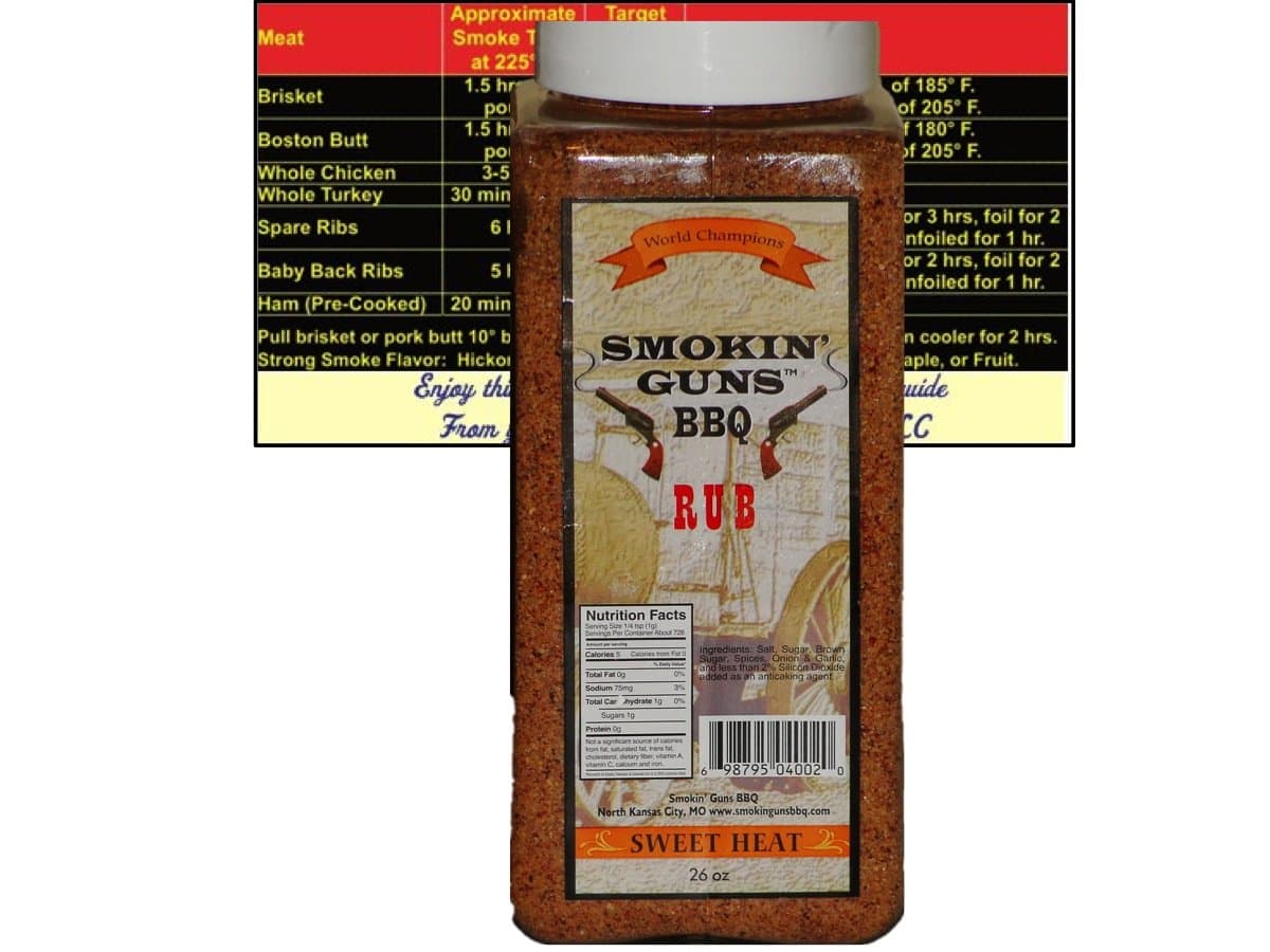 Smokin Guns BBQ Rub Sweet Heat Large 1.6 Pound (26 oz) Bottle with Complimentary Miniature Meat Smoking Guide Magnet Bundle