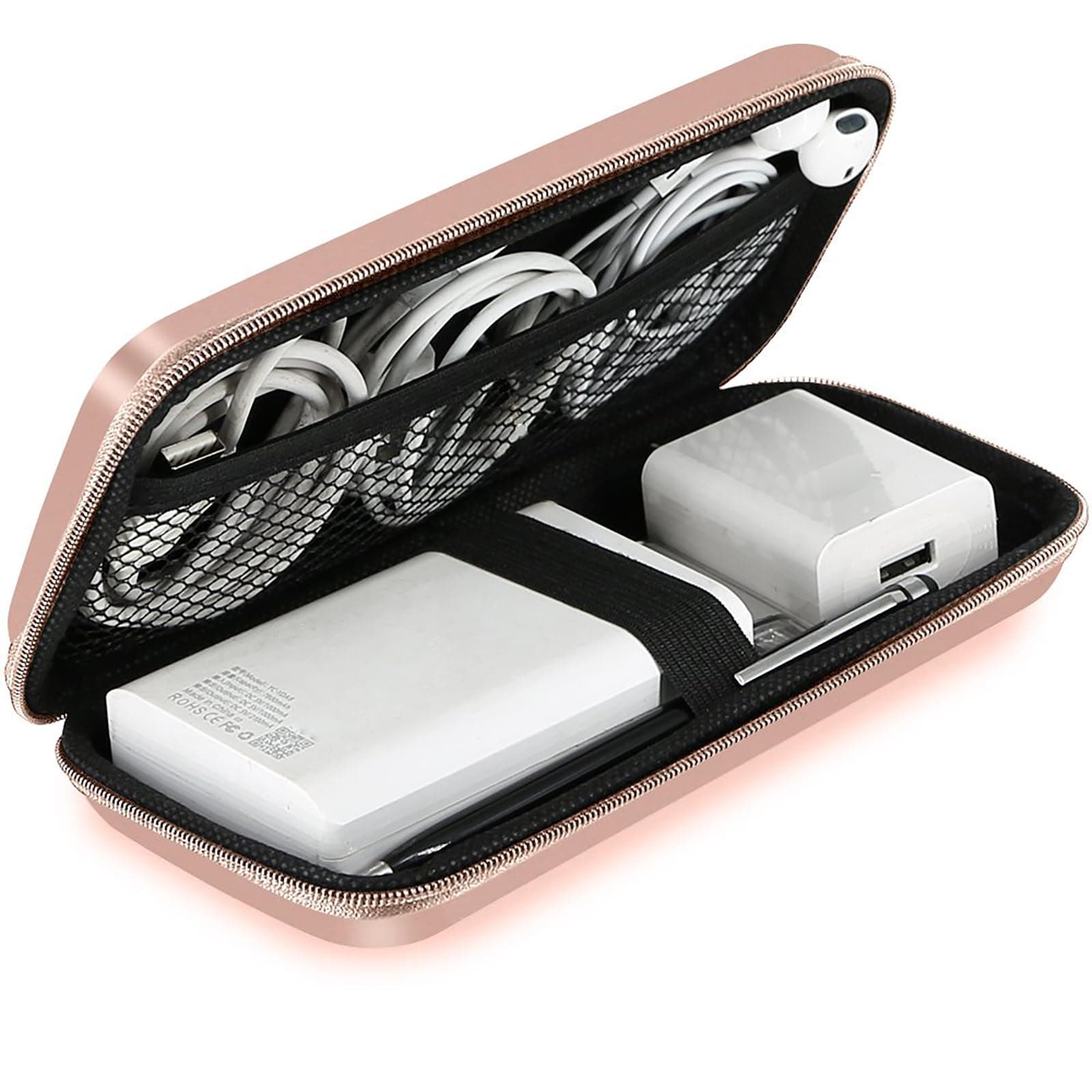 iMangoo Travel Essential Electronics Organizer Pouch Charger Case, Shockproof Dual Zipper Power Bank Cables Tech Accessories Purse, Men & Women Travel Must Have Storage Bag, 6.5x3.2x1 inch Rose Gold