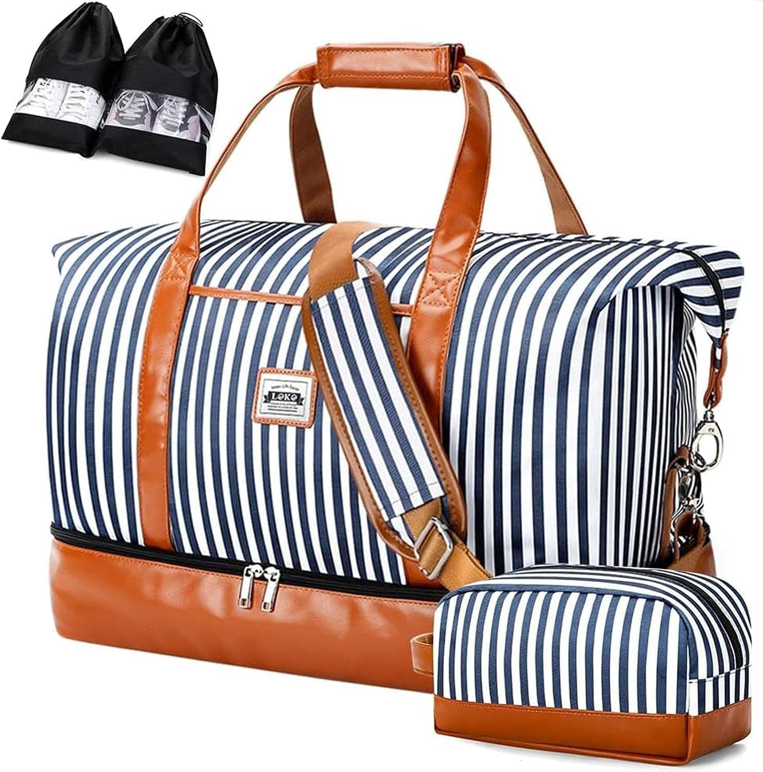 Travel Holdall Bag for Women - with Separate Shoe Compartments for Weekend, Overnight, Gym, Sports or Hospital(A-Blue Striped)