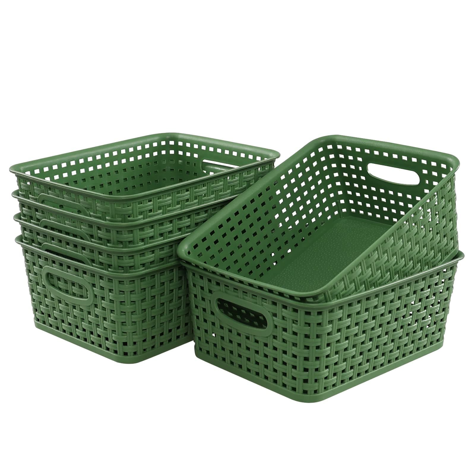 Woven Plastic Storage Basket, 10.03" x 7.55" x 4.09", Set of 6, Green