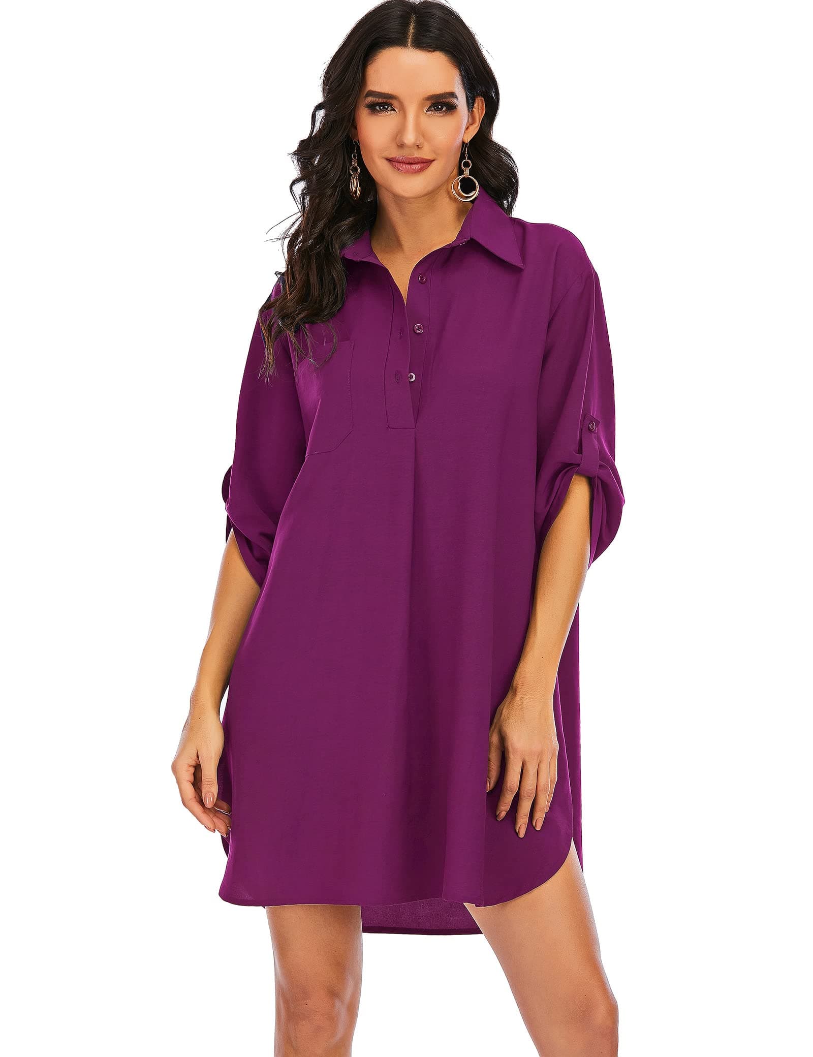 Women's Casual Half Sleeve Button Down Shirt Dress V Neck Tunic Blouses Tops with Pockets