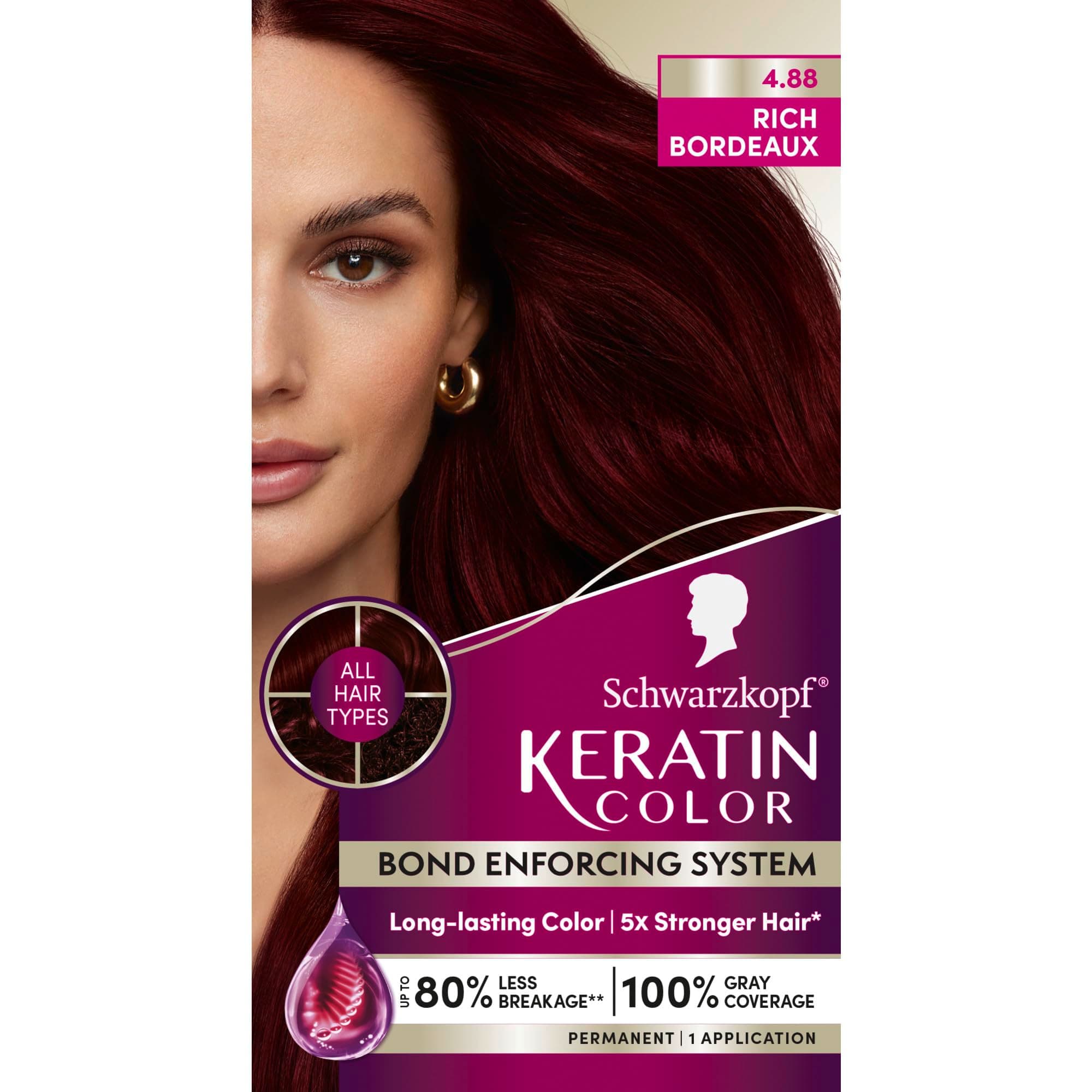 Schwarzkopf Keratin Permanent Hair Dye Cream, 4.8 Rich Bordeaux, Professional Quality Color for Up to 100% Gray Coverage, Bond Enforcing System