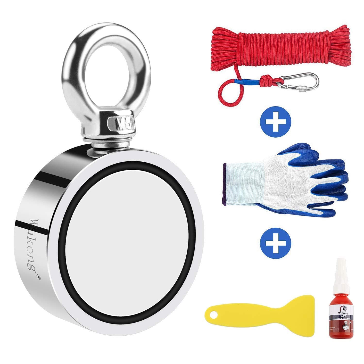 Wukong Double Sided Magnet Fishing,Diameter 60mm,Vertical Tension 300KG 660Lb N52 Neodymium Eyebolt Magnet with 20m Rope and a Pair of Gloves